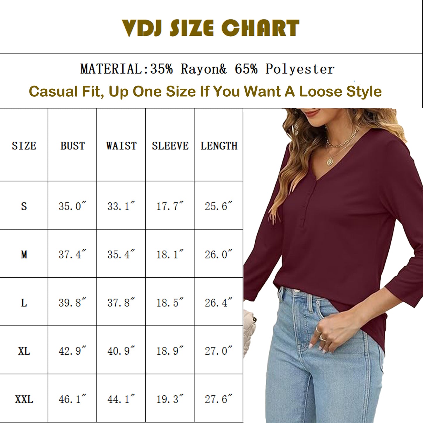 Button Tops for Women Casual Fit V Neck Fall Tshirts Shirts 3/4 Sleeve Comfort Cozy Wine Red Tunic Tee Clothing