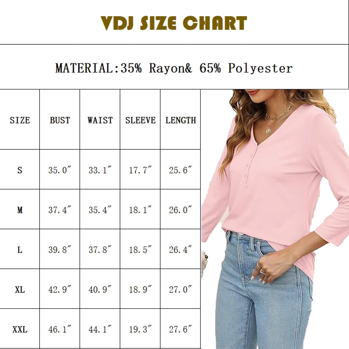 VDJ Women Tops Button V Neck 3/4 Sleeve T Shirts Casual Fall Tops Solid Color Basic Cute Pink Tee Clothes