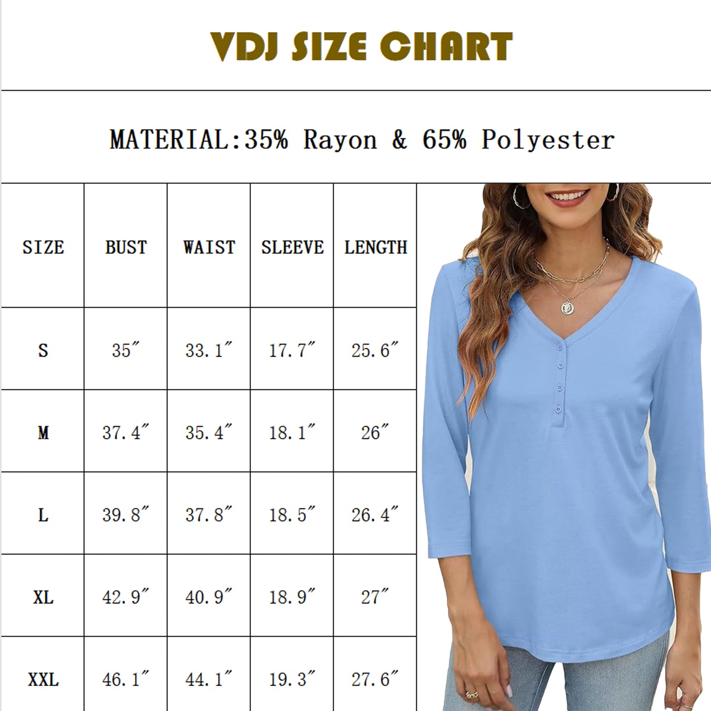 VDJ Button Shirts for Women 3/4 Sleeve V Neck Casual Fit Plain Color Sky Blue T Shirts Comfort Soft Basics Tops for Women