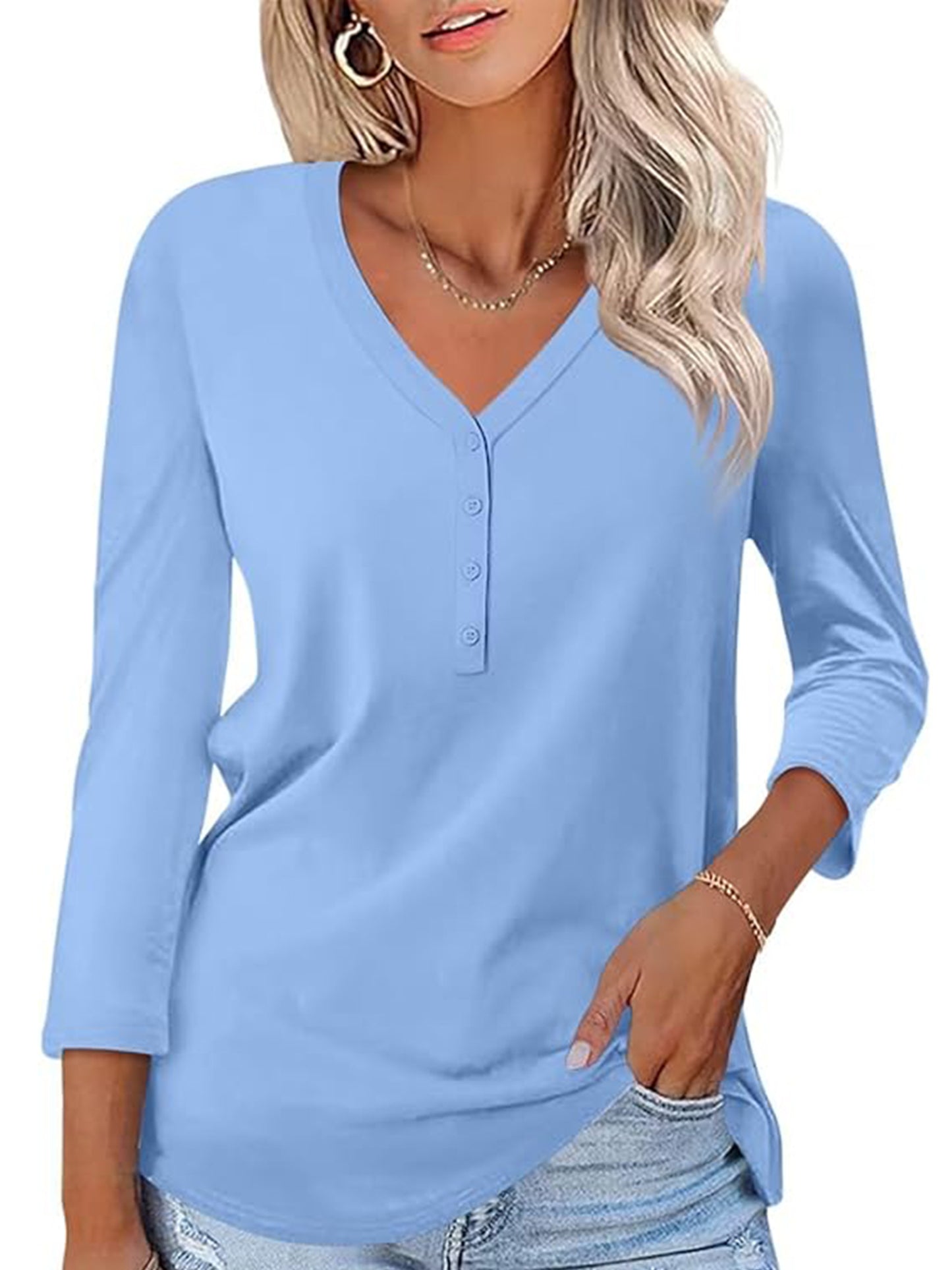 VDJ Button Shirts for Women 3/4 Sleeve V Neck Casual Fit Plain Color Sky Blue T Shirts Comfort Soft Basics Tops for Women