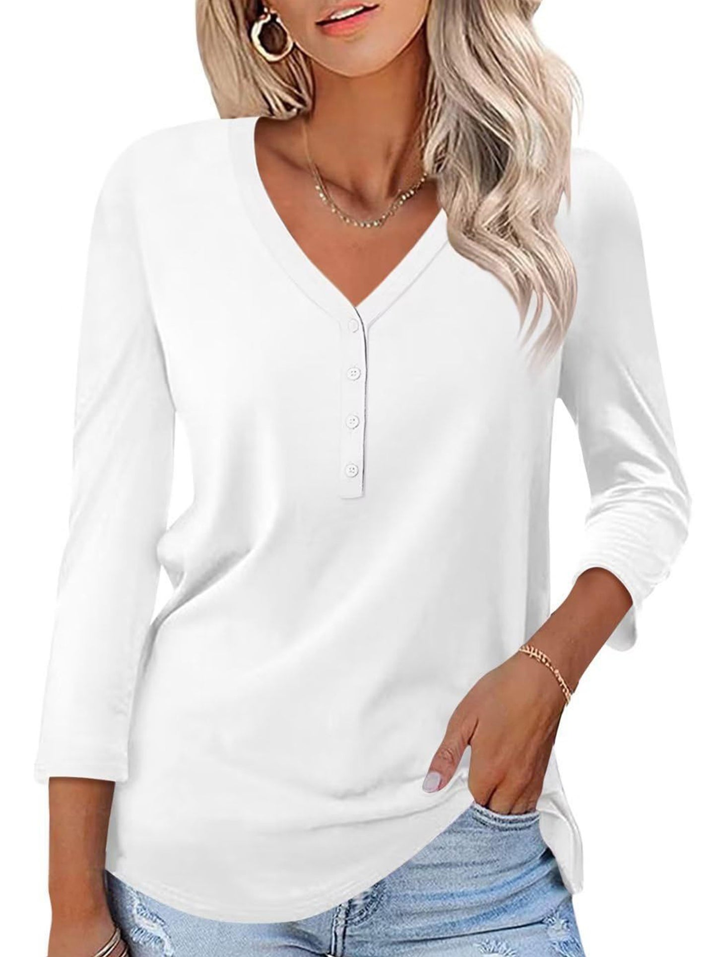 VDJ Women 3/4 Sleeve T Shirts Fashion Button Down V Neck White Blouse Plain Color Casual Fall Tops for Women Tee Shirt Clothing