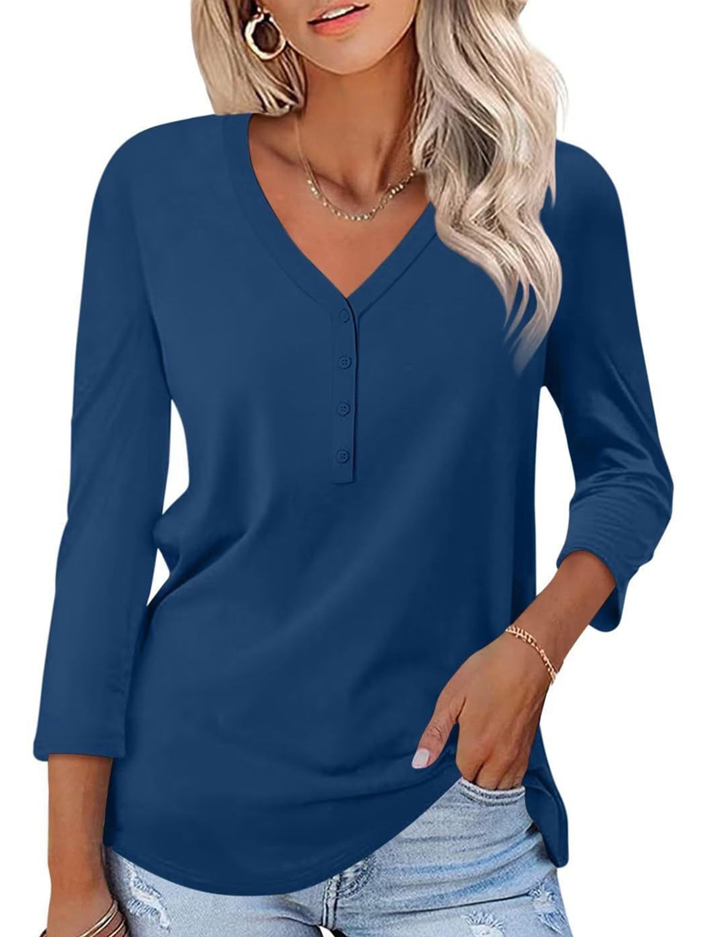 VDJ Women Fall Tops 3/4 Sleeve Fashion Button Down Tshirt Shirts Lightweight Navy Blue Tee Blouse Comfort Tops for Women