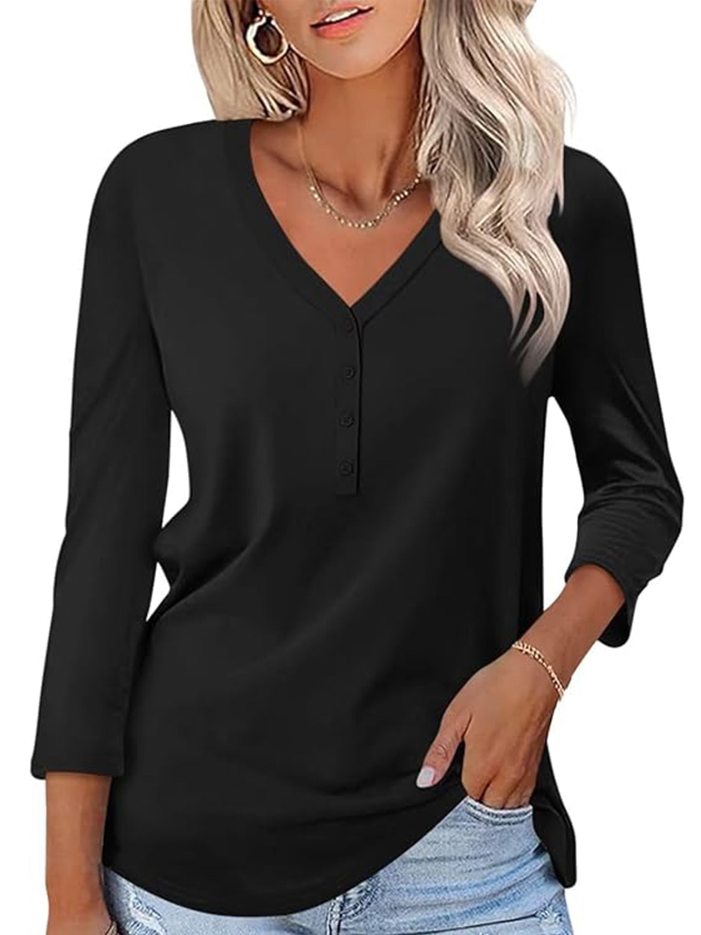 VDJ Tops for Women Button T Shirts Solid Color Casual Loose Tops for Women Black Shirts Lightweight Blouse