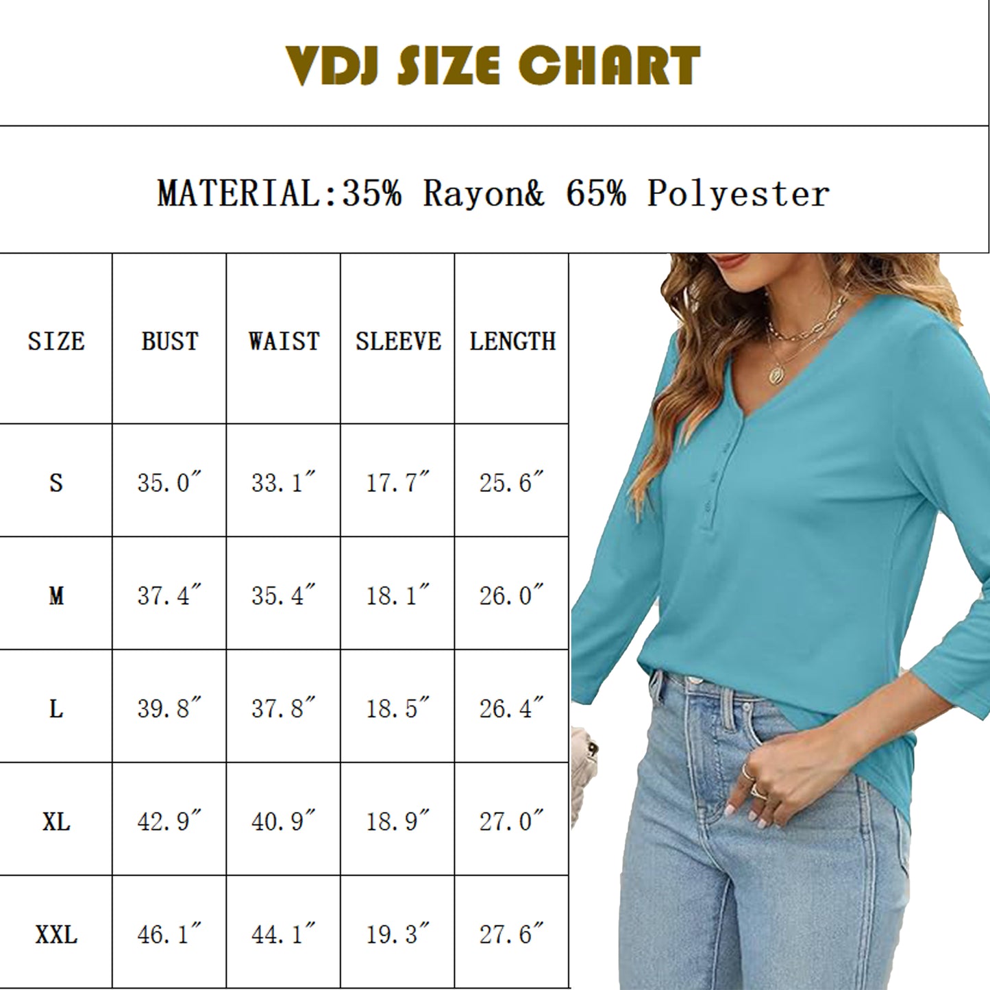 VDJ Button V Neck Tops for Women 3/4 Sleeve Comfort Soft Tshirts Basic Casual Tee Clothing