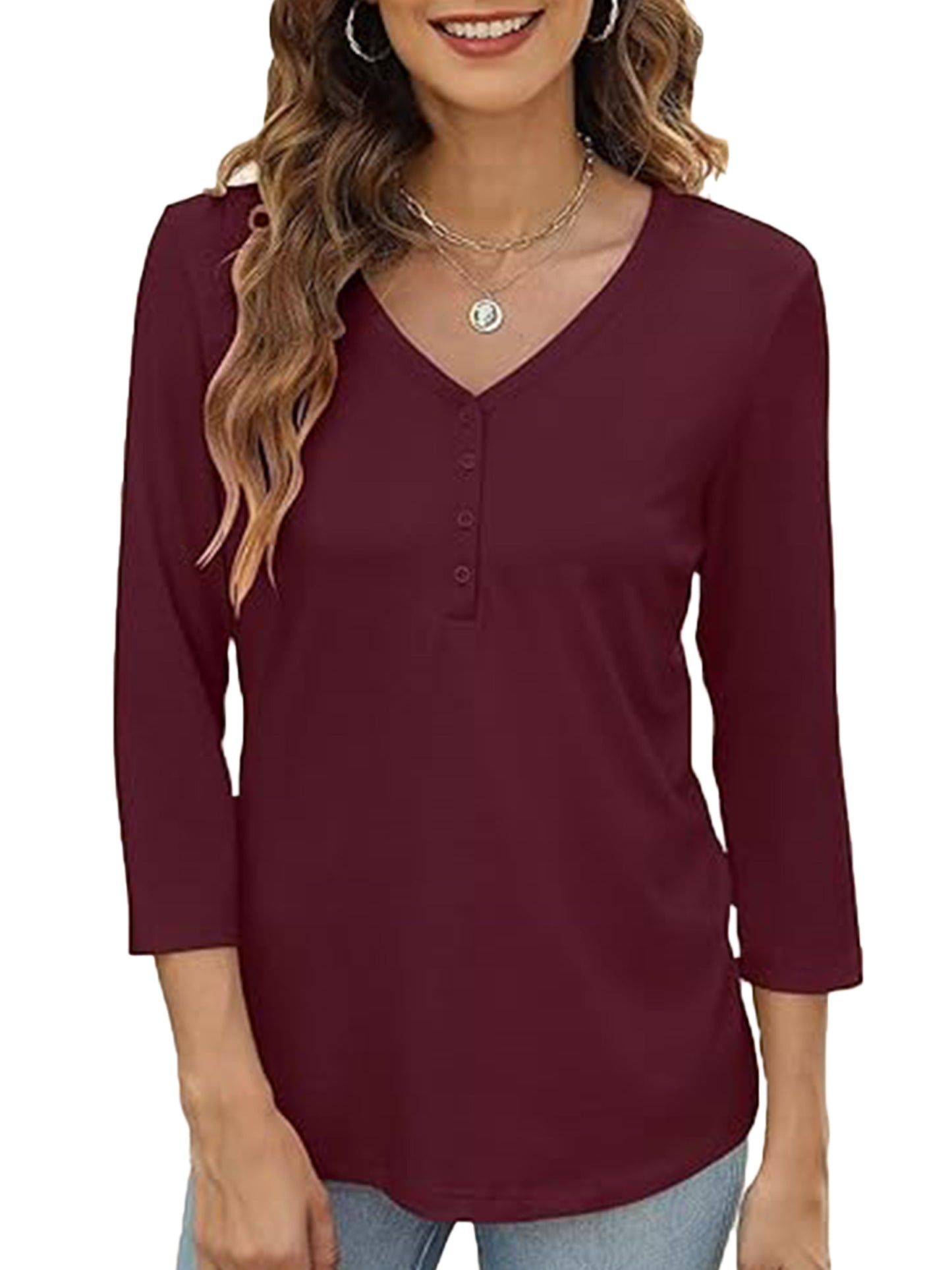 Button Tops for Women Casual Fit V Neck Fall Tshirts Shirts 3/4 Sleeve Comfort Cozy Wine Red Tunic Tee Clothing