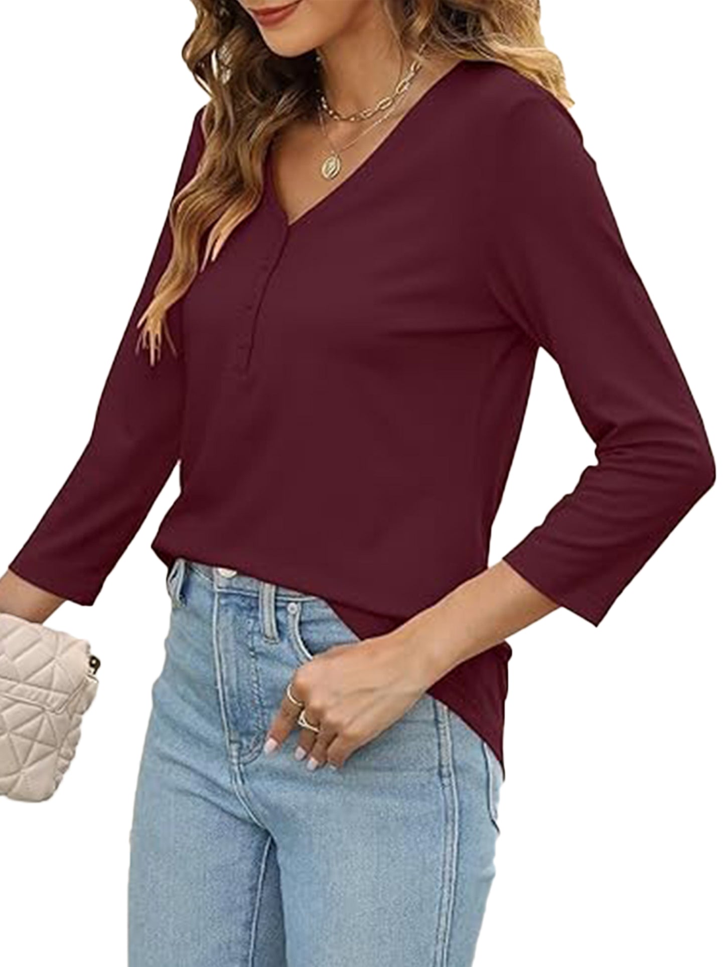 Button Tops for Women Casual Fit V Neck Fall Tshirts Shirts 3/4 Sleeve Comfort Cozy Wine Red Tunic Tee Clothing