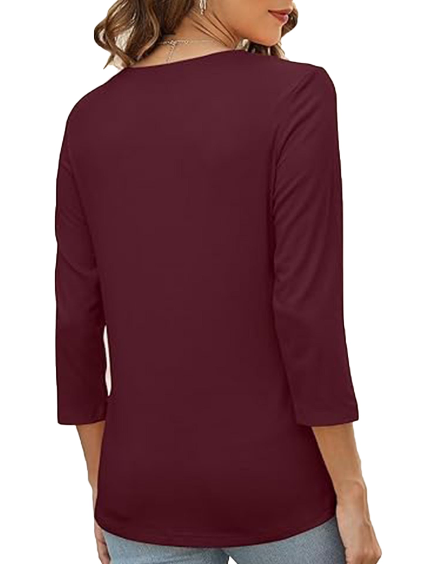 Button Tops for Women Casual Fit V Neck Fall Tshirts Shirts 3/4 Sleeve Comfort Cozy Wine Red Tunic Tee Clothing