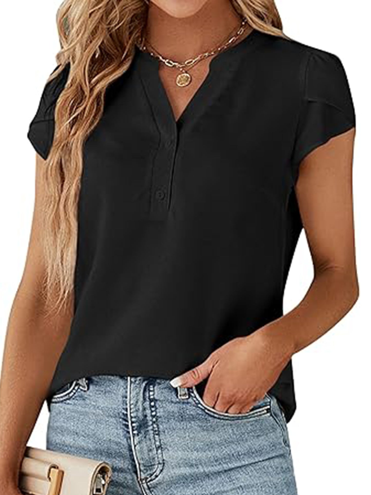 VDJ Summer Tops for Women Business Casual Tops Summer Holiday Trendy Short Sleeve Shirts Button Up Black Blouse for Lady
