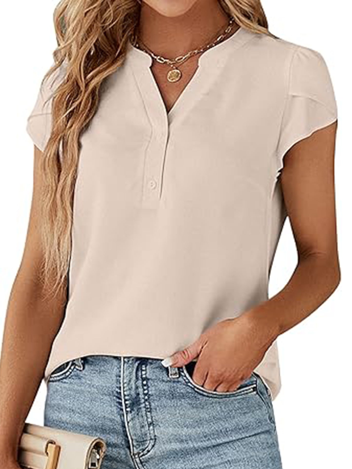 VDJ Womens Summer Tops Button V Neck Cap Sleeve Summer Casual Fit Dressy Blouses Beige Tee shirts for Women Elegant