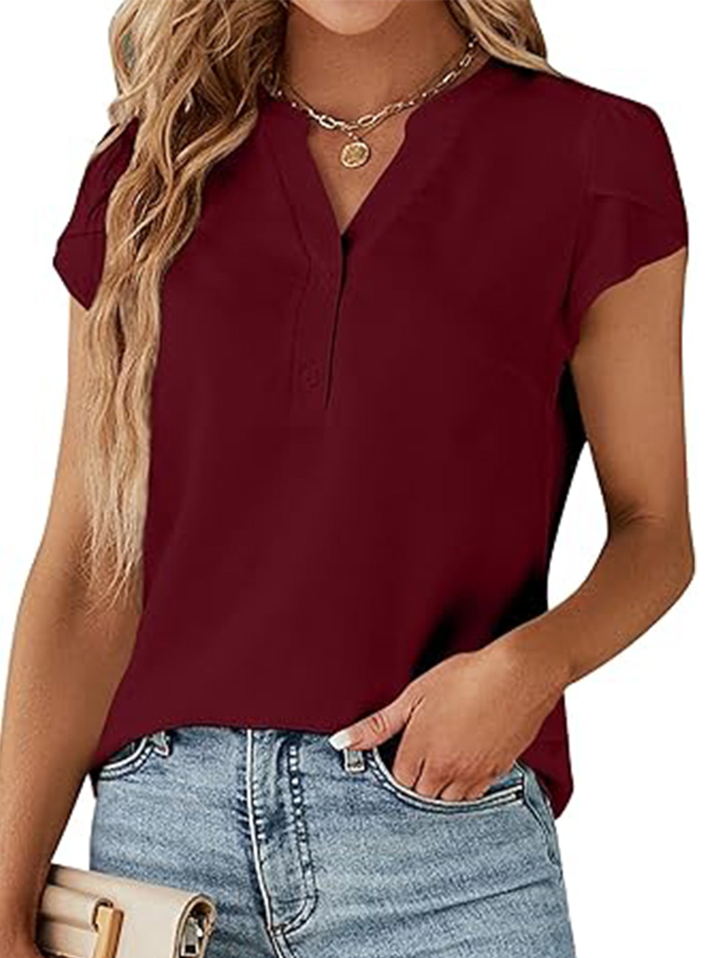 VDJ Womens Tops Casual Fit Dressy Blouse Petal Short Sleeve Button Up V Neck Lightweight Fashion Tee Elegant Wine Red Shirts