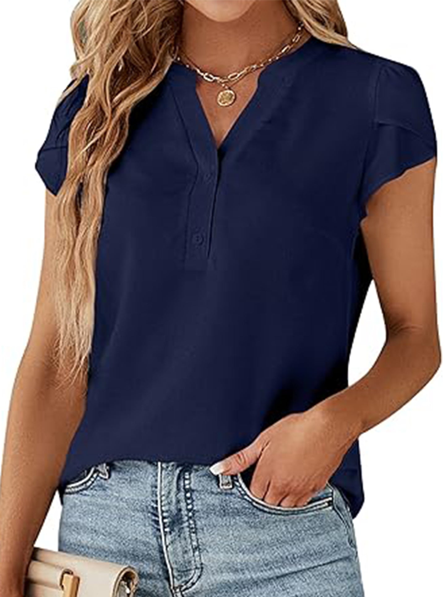 VDJ Women Blouses Dressy Causal V Neck Short Petal Sleeve Business Tops Ladies Summer Navy Blue Trendy Shirts
