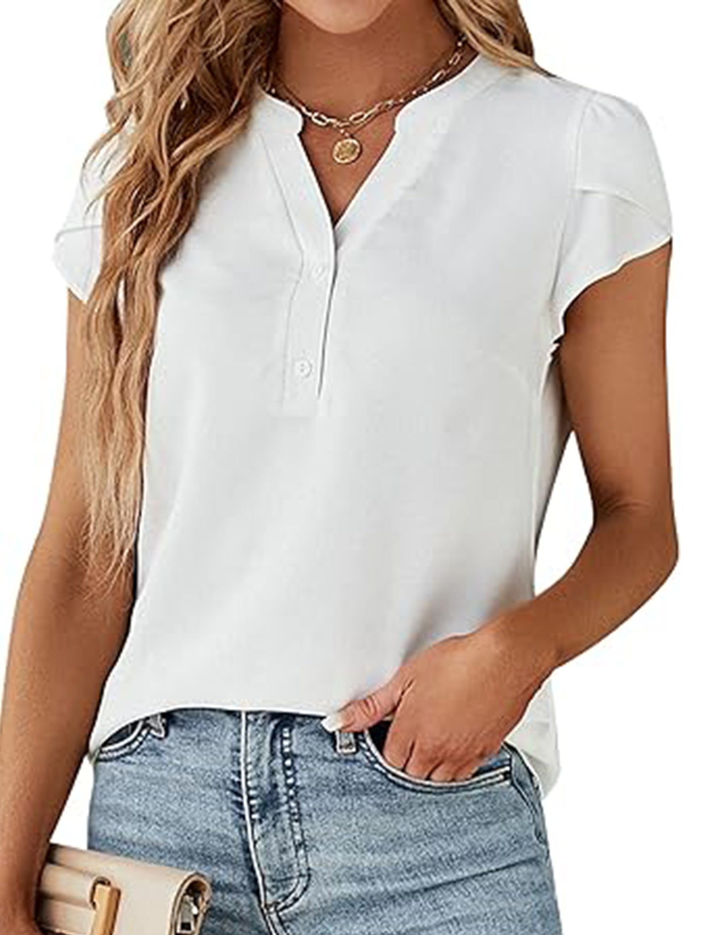 VDJ Women Dressy Tops Summer Petal Short Sleeve V Neck White Tshirts Fashion Business Blouses Lightweight Clothes