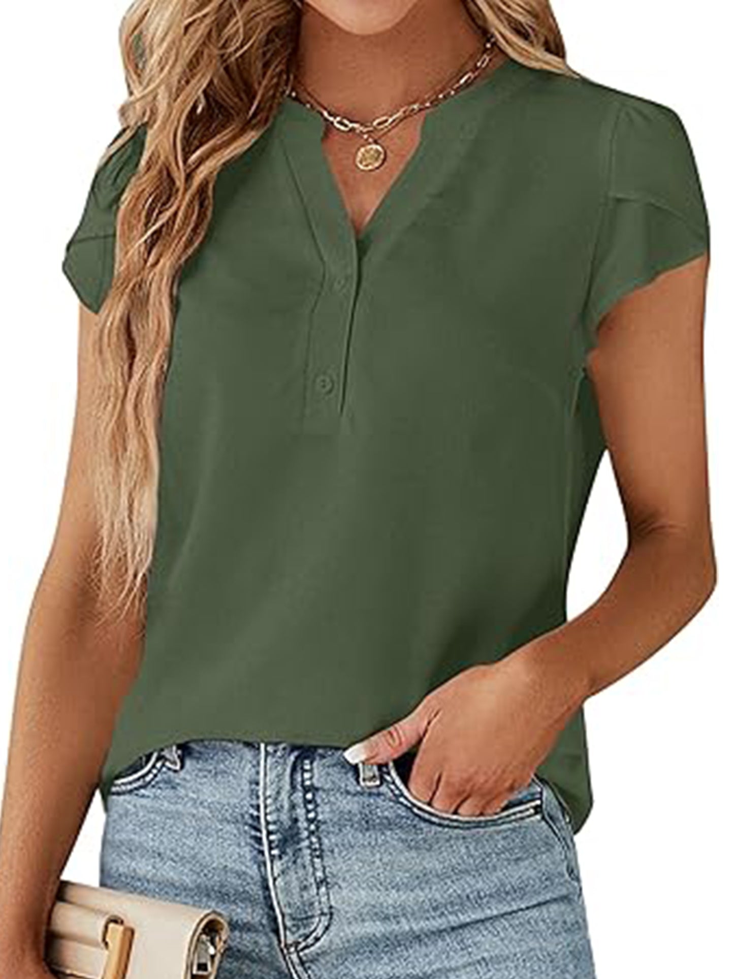 VDJ Women Short Sleeve Shirts Summer Casual Blouses Button Down Lightweight Fashion Business Tshirt Army Green Clothes