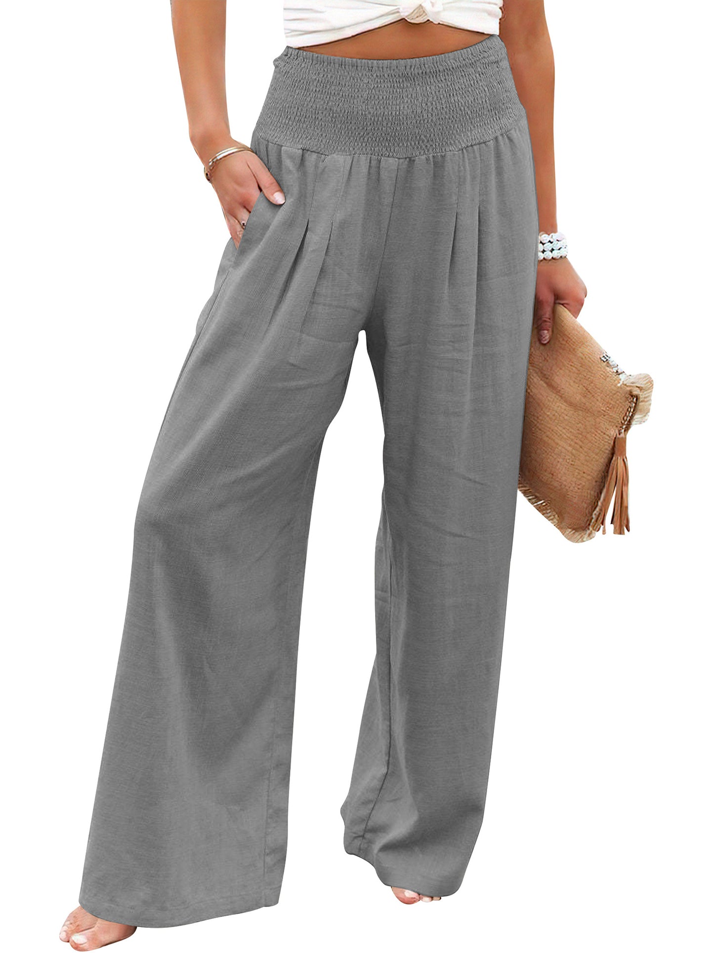 VDJ Womens Pants Elastic High Waisted Palazzo Casual Wide Leg Pockets Lounge Pant Light Gray Vacation Outfit