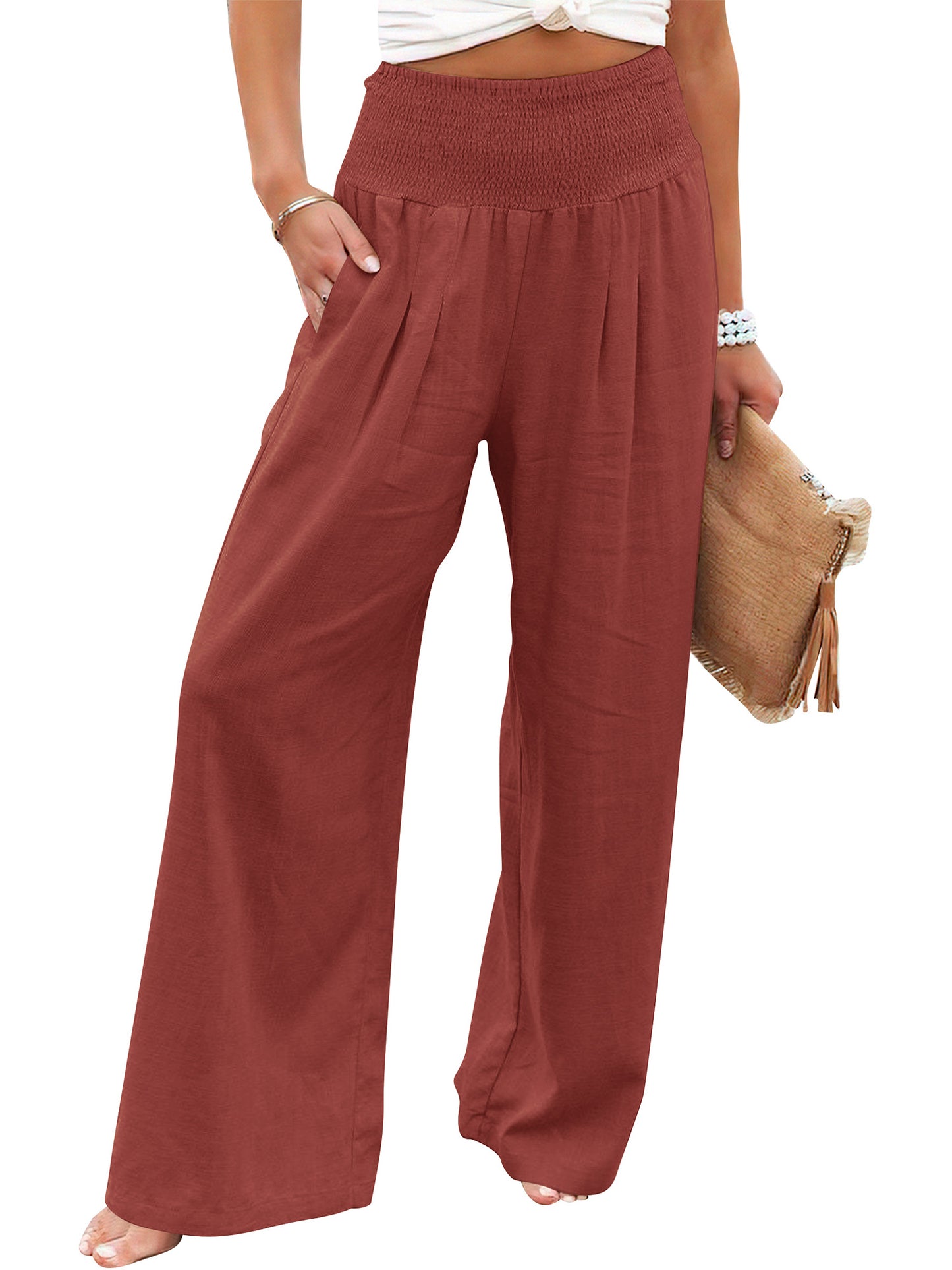 VDJ High Waist Wide Leg Pants for Women Summer Boho Fashion Cool Palazzo Pants Rustred Dress Pants