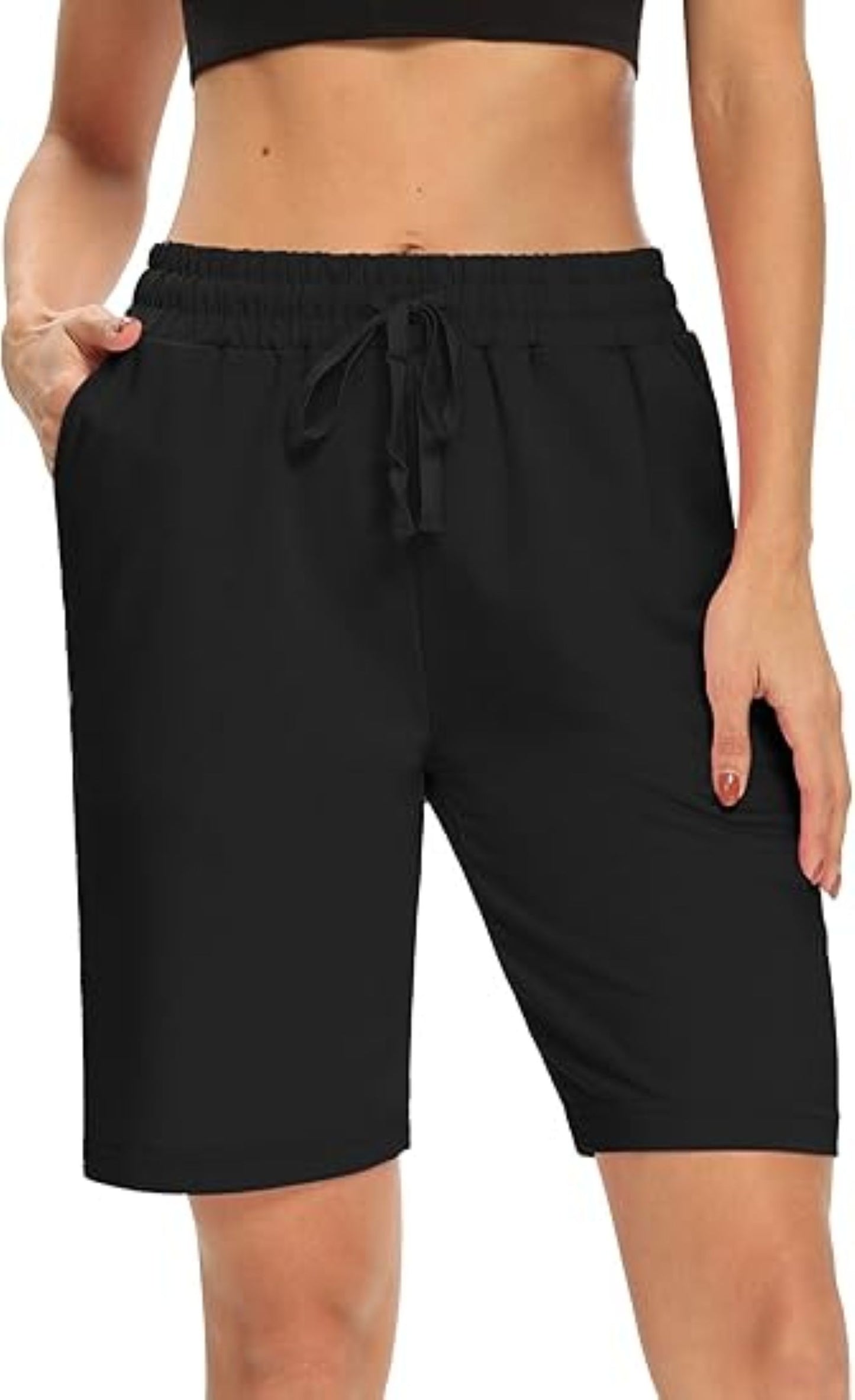 VDJ Womens Bermuda Shorts Elastic Wasit Drawstring Casual Loose Comfy Black Summer Shorts with Pockets