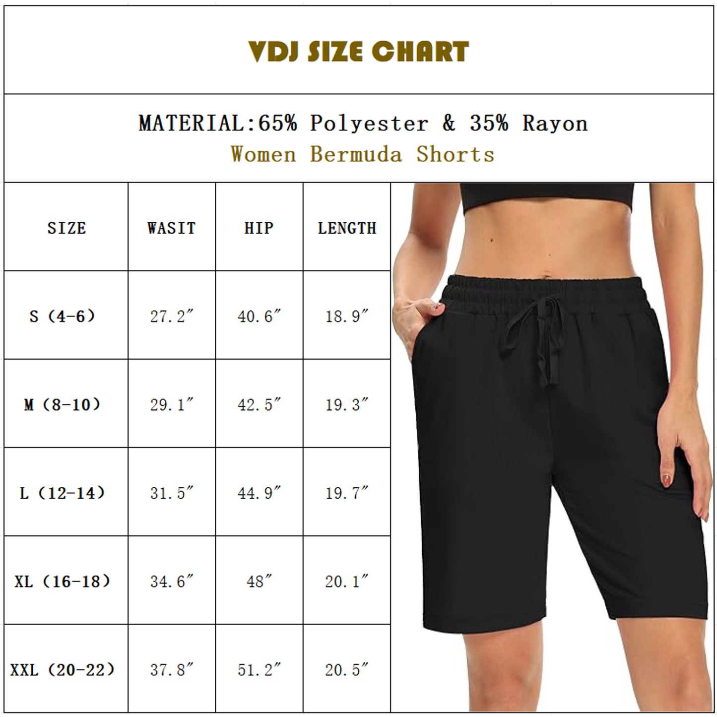VDJ Womens Bermuda Shorts Elastic Wasit Drawstring Casual Loose Comfy Black Summer Shorts with Pockets