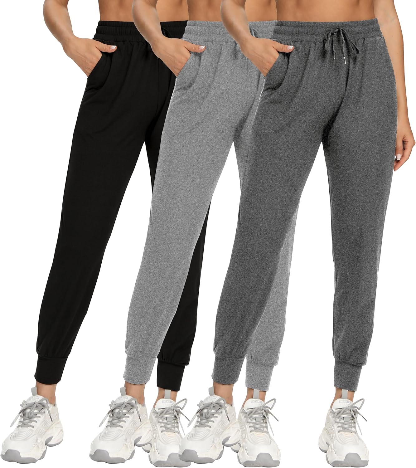 VDJ 3 Packs Womens Jogger Elastic Waisted Drawstring Athletic Pants Casual Fit Lounge Pants Jogging ith Pockets