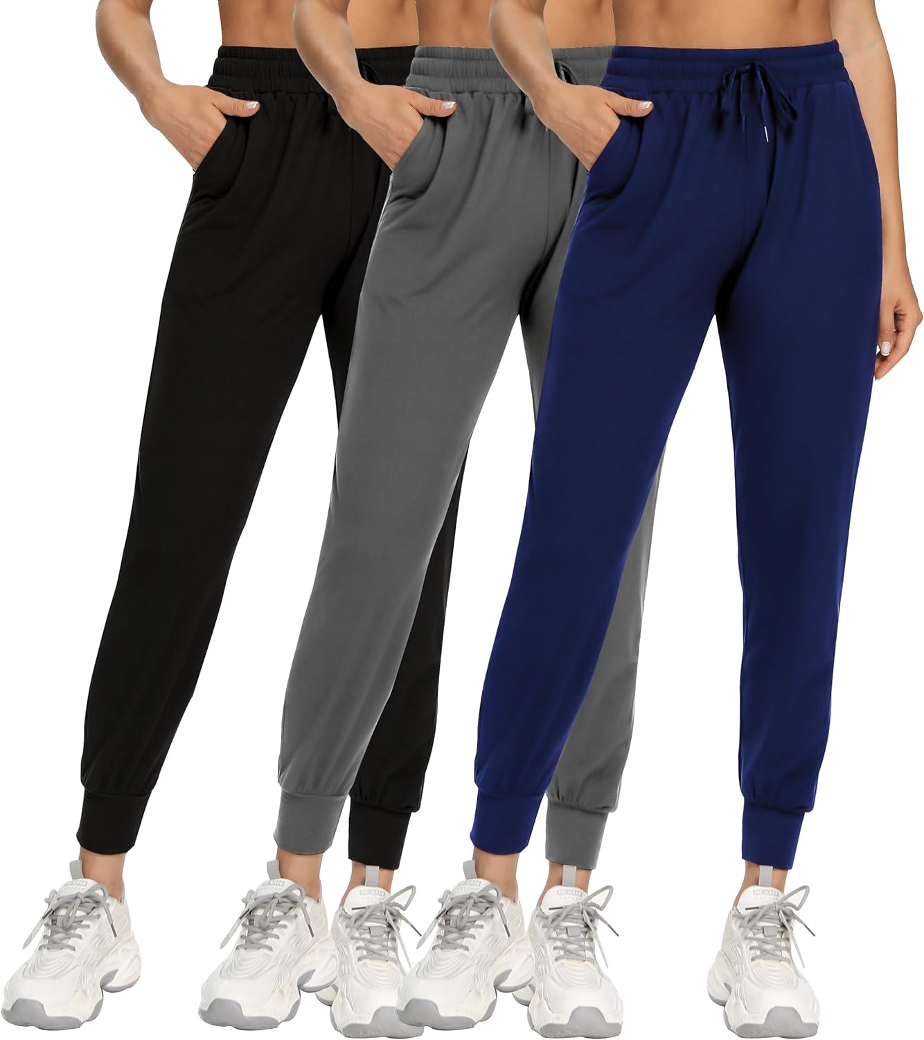 VDJ Women's Jogger Athleisure Elastic Wasited Sweatpants Workout Lounge Jogging Athletic Bottom Trousers with Pockets for 3 Packs