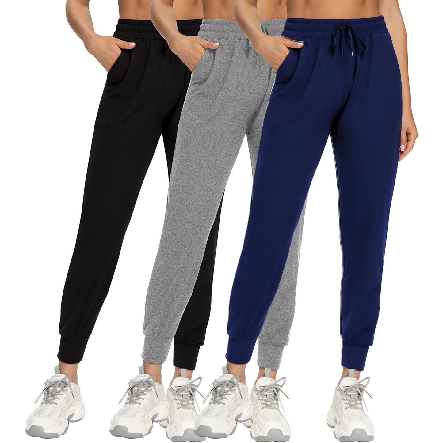 VDJ Women's Jogger Athleisure Elastic Wasited Sweatpants Workout Lounge Jogging Athletic Bottom Trousers with Pockets for 3 Packs