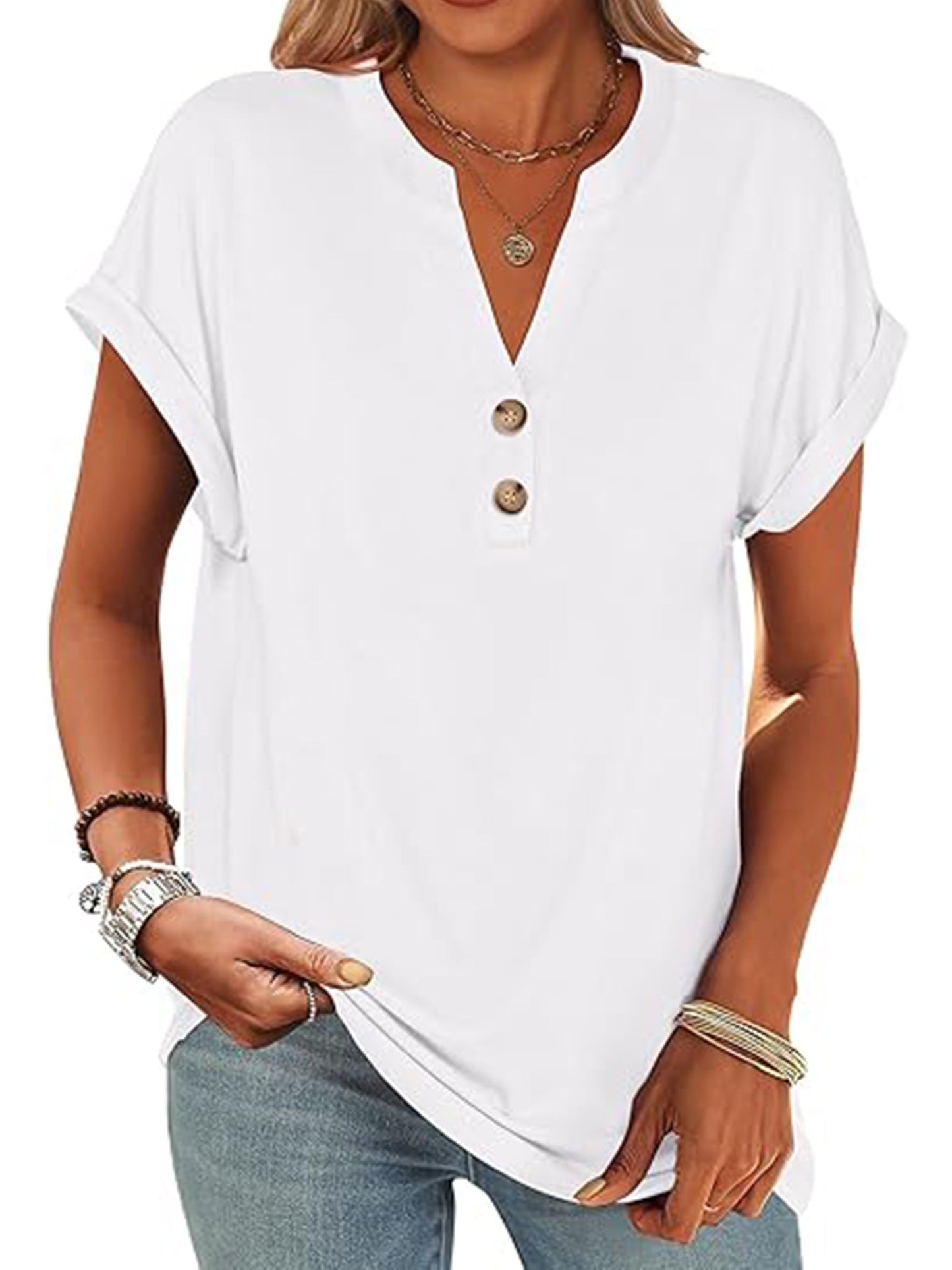 VDJ Womens Short Sleeve Tops Solid Color Henley V Neck T Shirts Fashion Summer Tunic Elegant White Tee Blouse