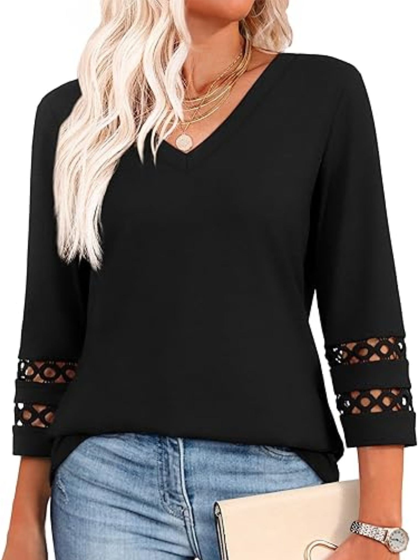 VDJ 3/4 Sleeve Women Tops Henley V Neck Summer Trendy Blouses Dressy Casual Coral Tshirts Tunic Clothing