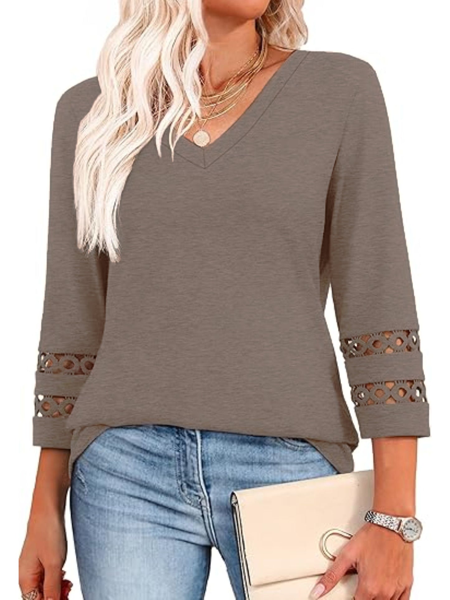VDJ Women 3/4 Sleeve Tops Summer Holiday Fashion V Neck T Shirts Comfort Lightweight Blouse Black Tunic Tee