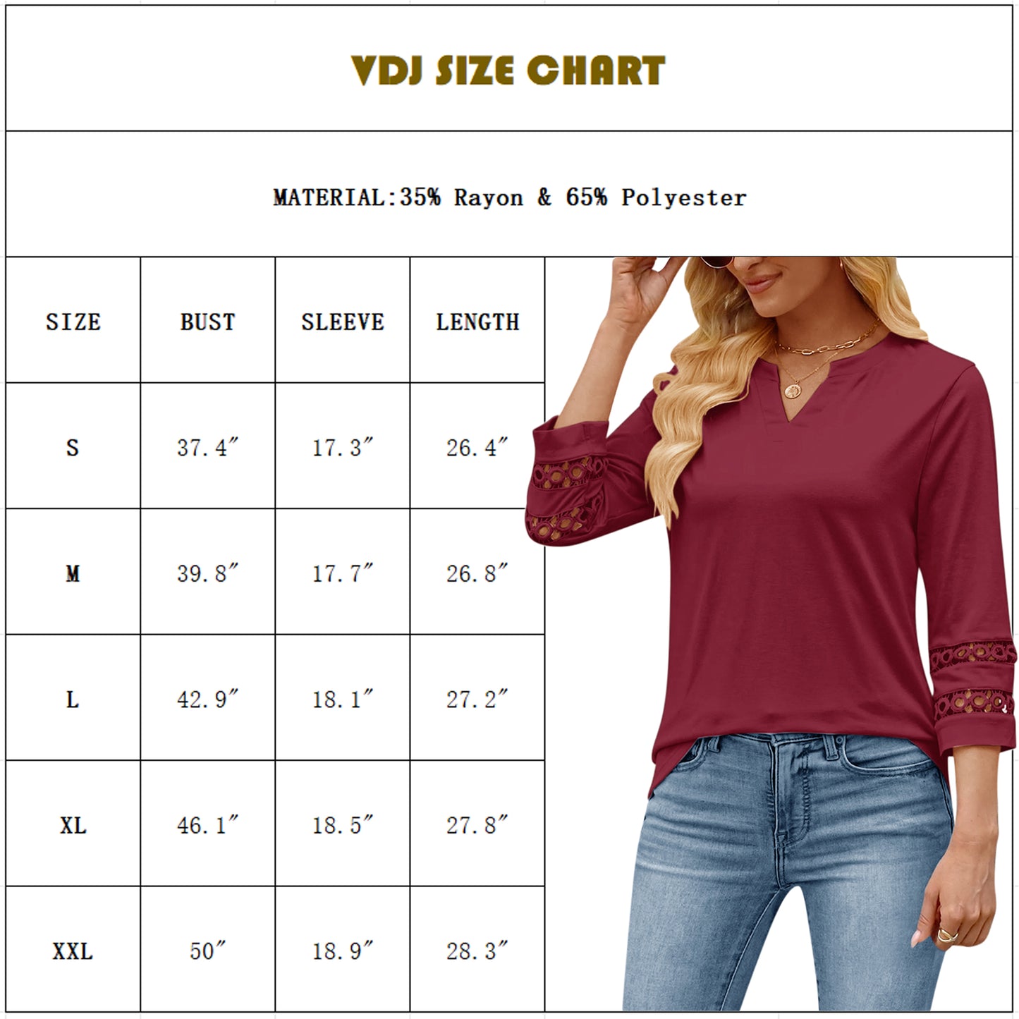 VDJ Women Blouses Casual V Neck T Shirt Loose Fit Solid Color 3 4 Length Sleeve Ladies Elegant Wine Red Tunic Tops
