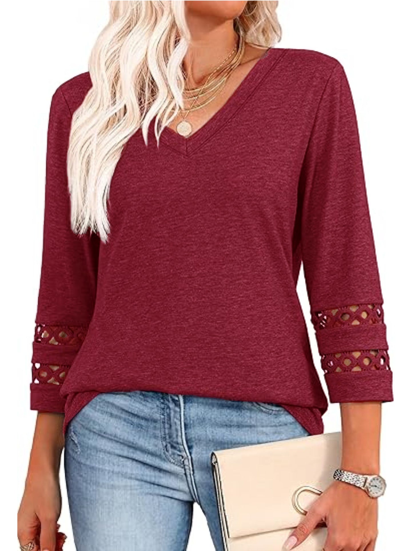 VDJ Women Blouses Casual V Neck T Shirt Loose Fit Solid Color 3 4 Length Sleeve Ladies Elegant Wine Red Tunic Tops