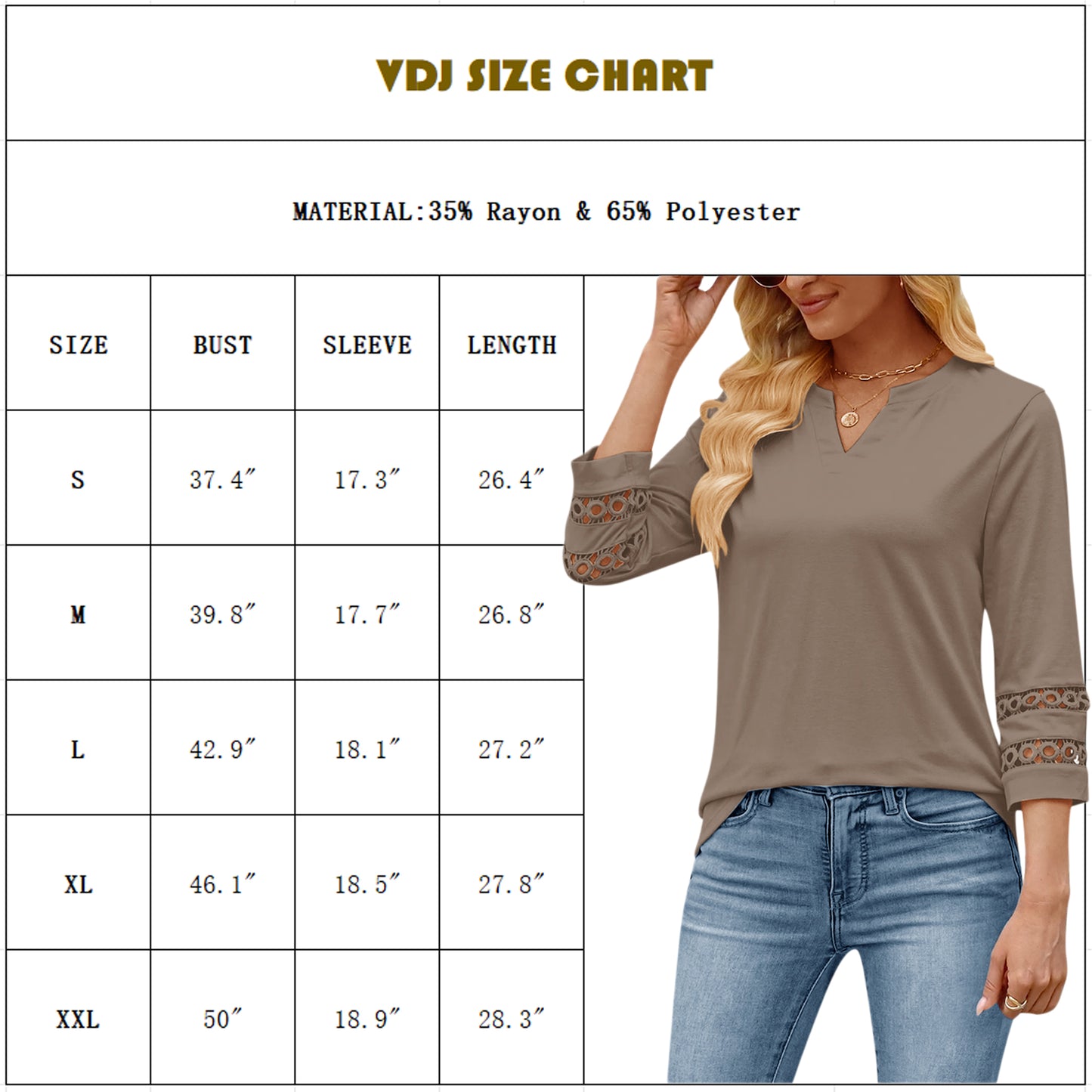 VDJ Women 3/4 Sleeve Tops Summer Holiday Fashion V Neck T Shirts Comfort Lightweight Blouse Black Tunic Tee