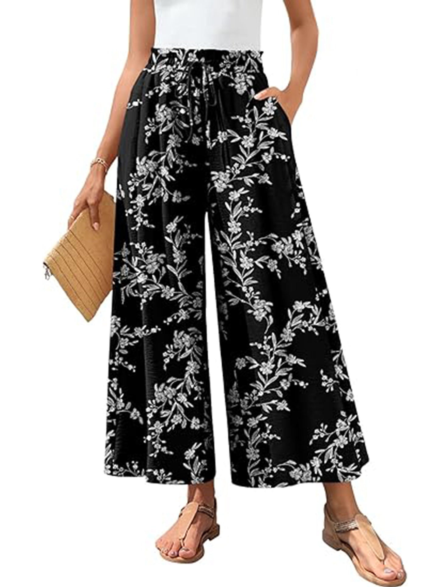 VDJ Womens Capri Pants Elastic Waisted Drawstring Wide Leg Dressy Pants Summer Beach Pockets Cropped Trousers