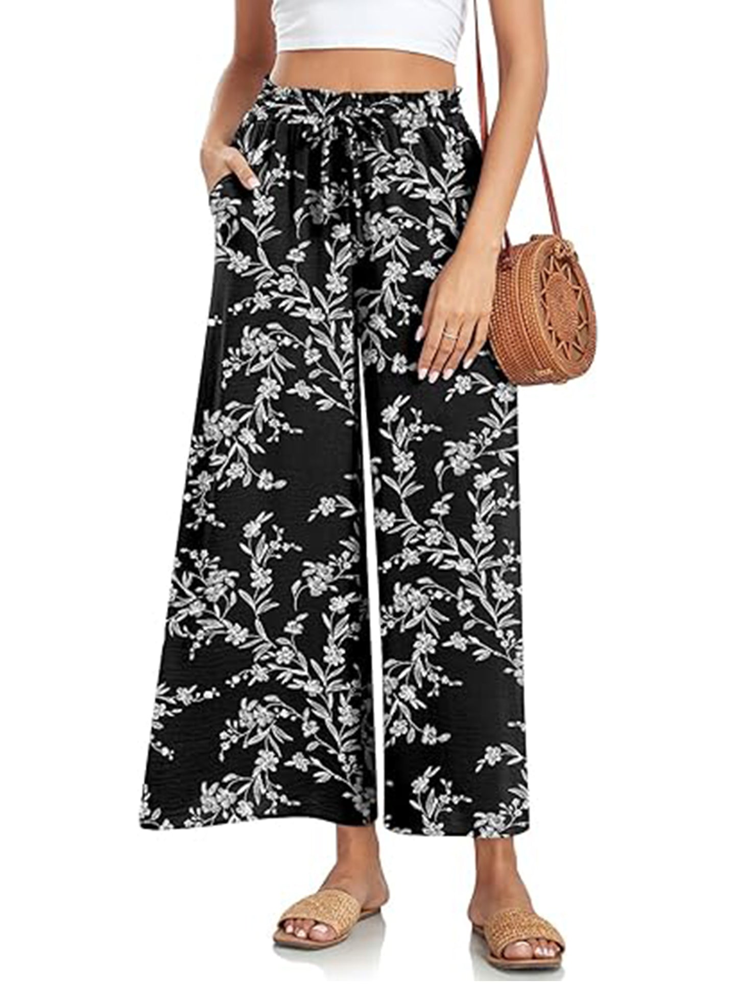 VDJ Womens Capri Pants Elastic Waisted Drawstring Wide Leg Dressy Pants Summer Beach Pockets Cropped Trousers