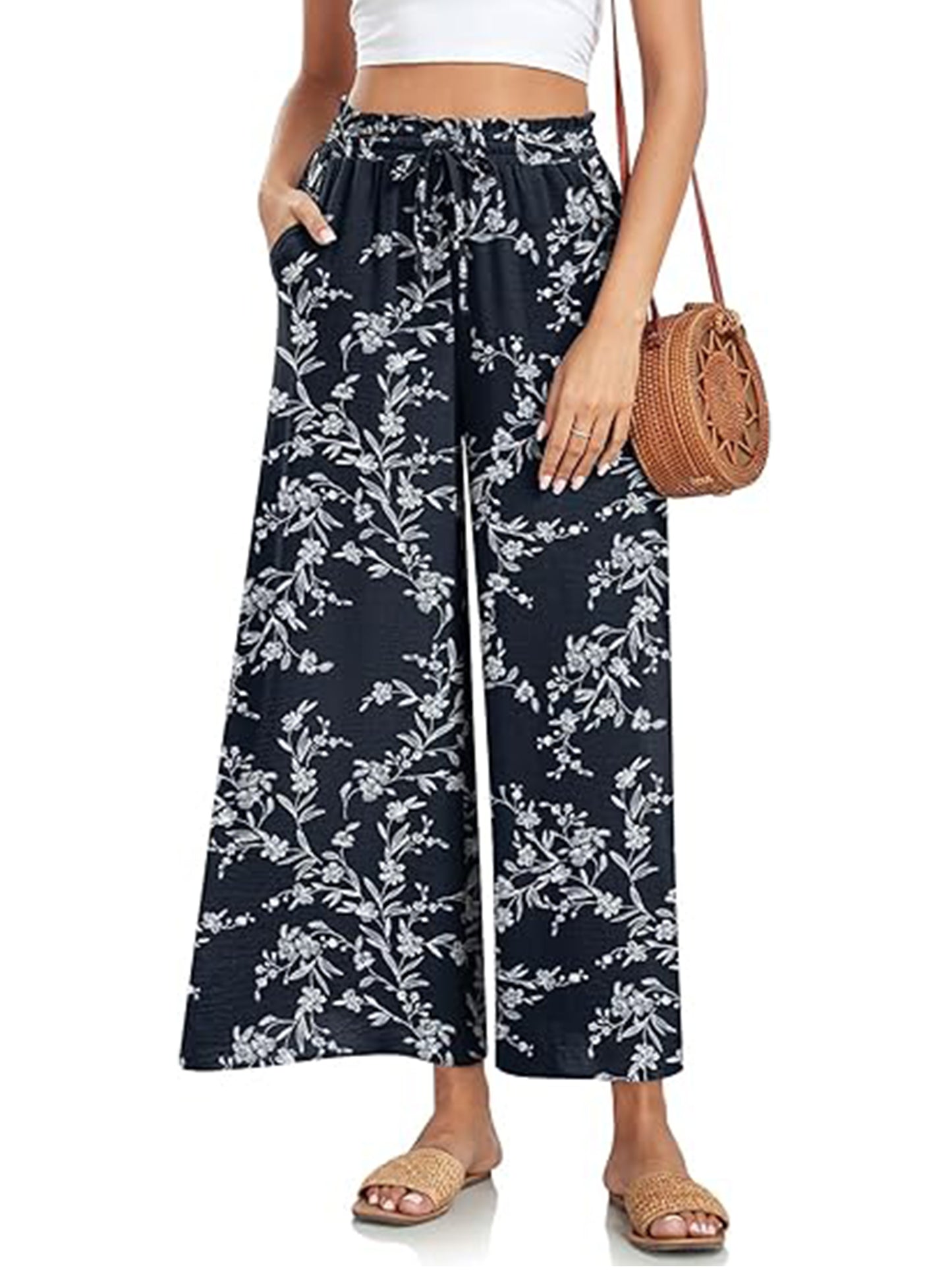 VDJ Fashion Pants for Women High Waist Drawstirng Summer Capri Pants Tie Belt Pockets Summer Vacation Pants