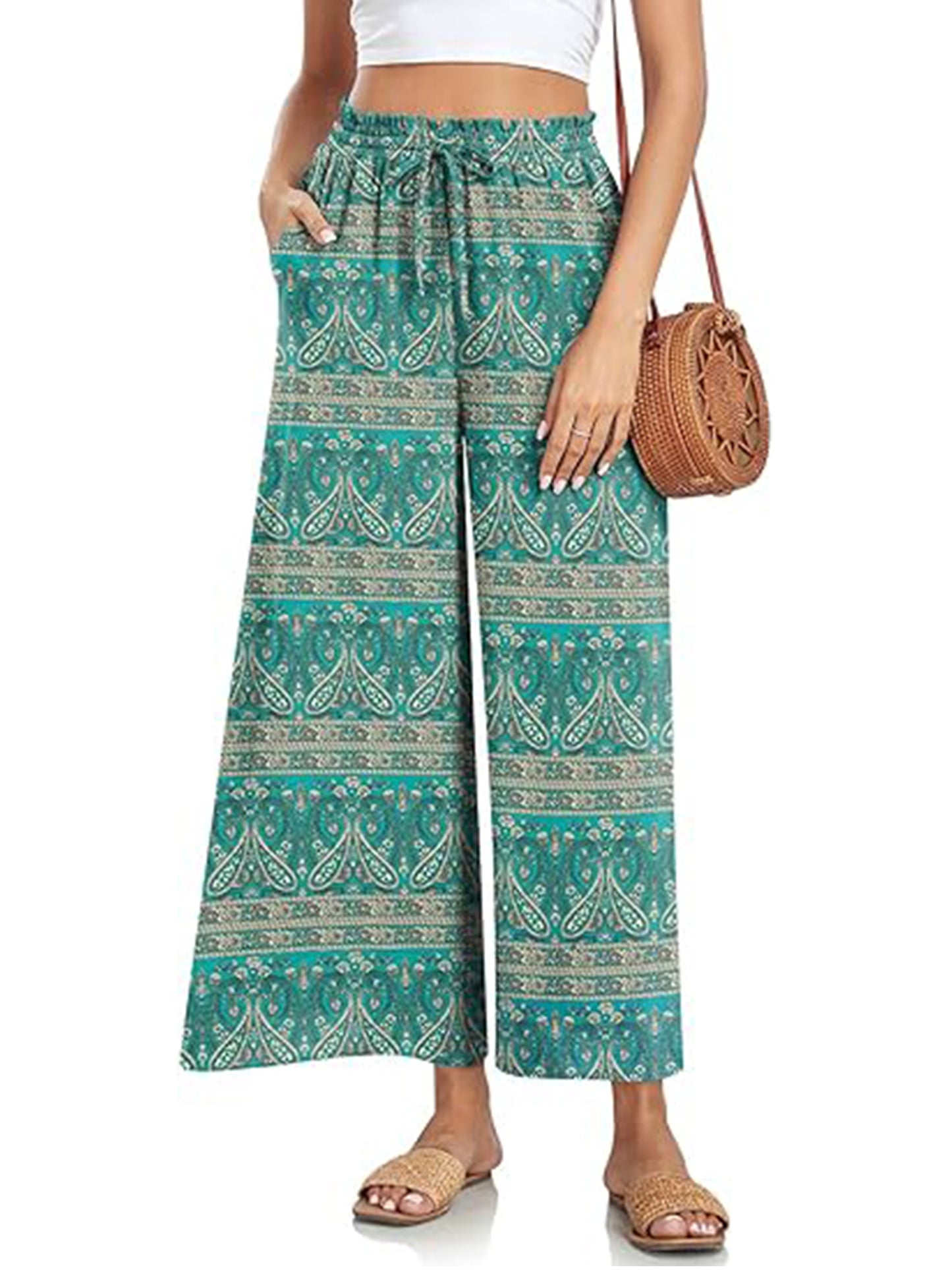 VDJ Women's Cropped Pants Summer Boho Fashion Floral Printed Wide Leg Capri Business Work Pants with Pockets