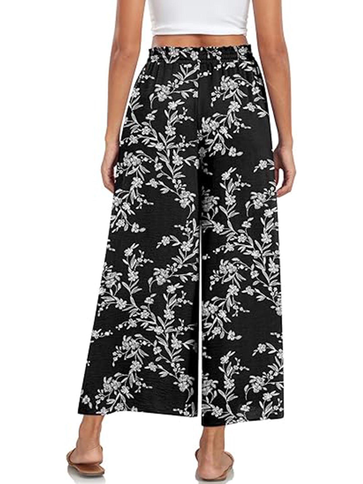 VDJ Womens Capri Pants Elastic Waisted Drawstring Wide Leg Dressy Pants Summer Beach Pockets Cropped Trousers