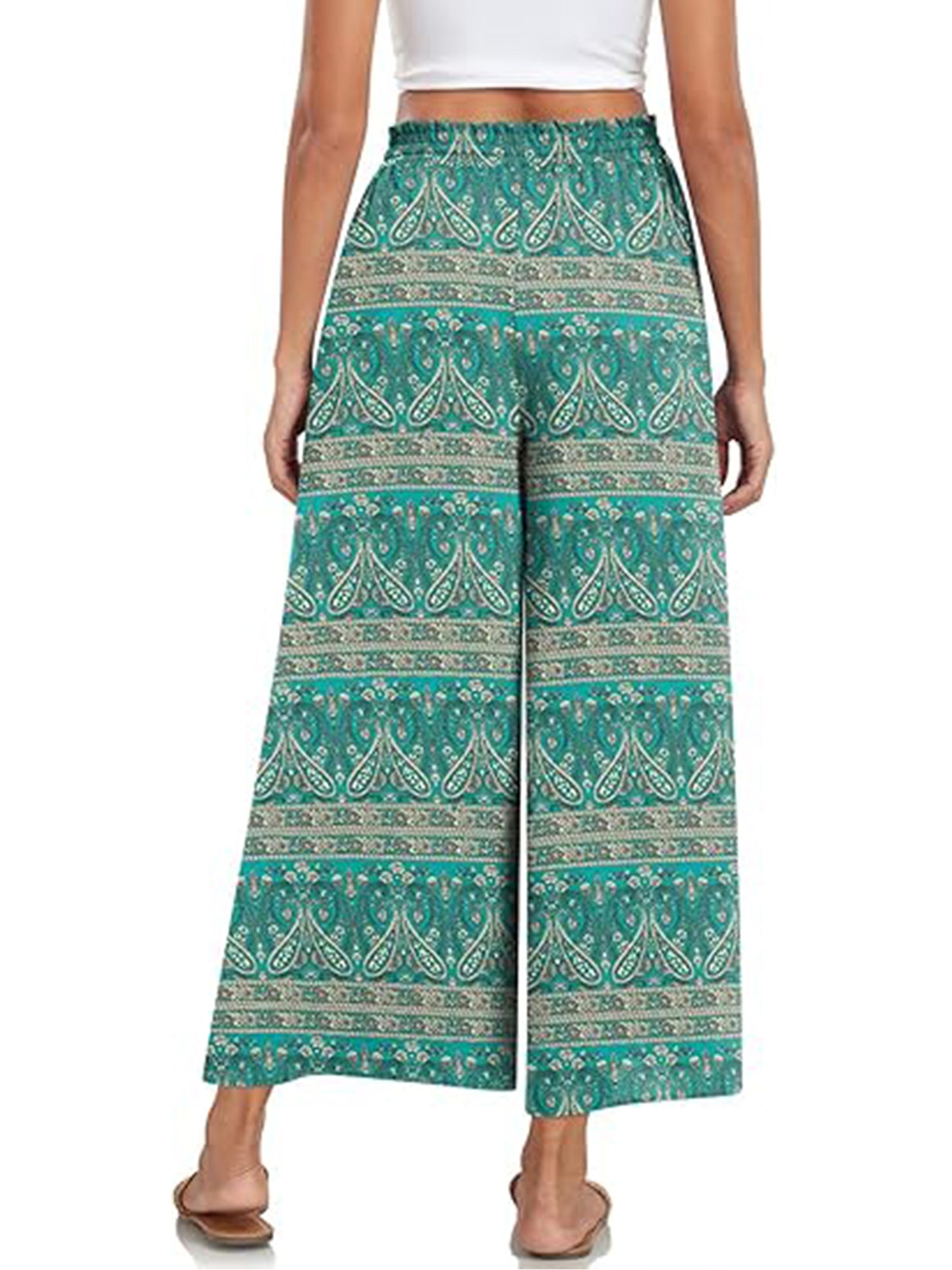 VDJ Women's Cropped Pants Summer Boho Fashion Floral Printed Wide Leg Capri Business Work Pants with Pockets