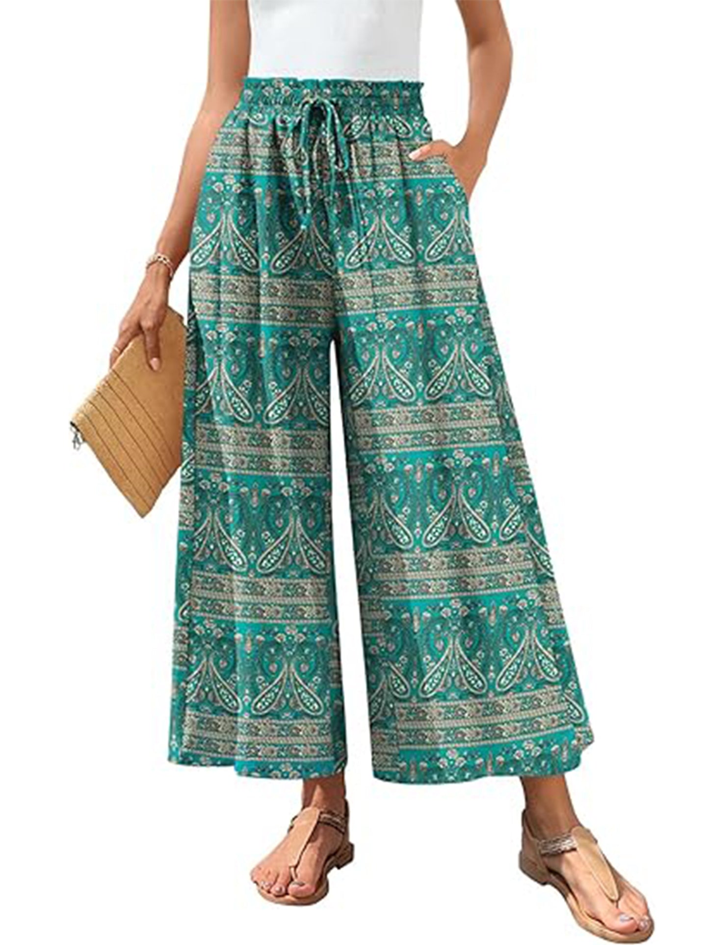VDJ Women's Cropped Pants Summer Boho Fashion Floral Printed Wide Leg Capri Business Work Pants with Pockets