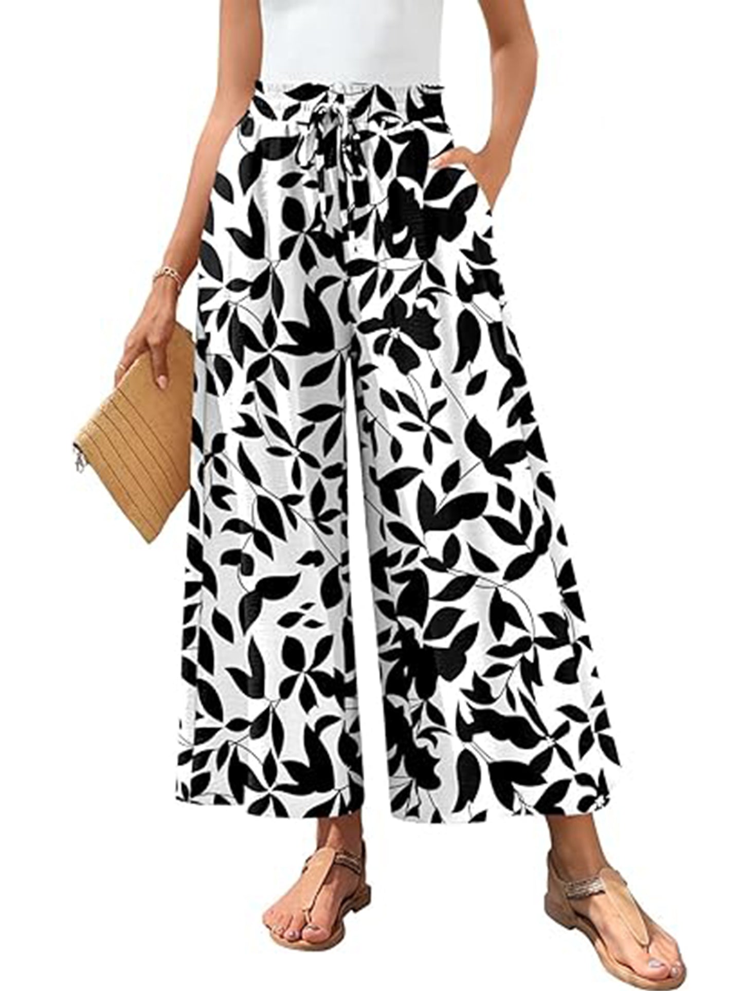 VDJ Women Summer Pants Elastic Waist Floral Bohemian Wide Leg Capri Pants Palazzo Casual Cropped Pants