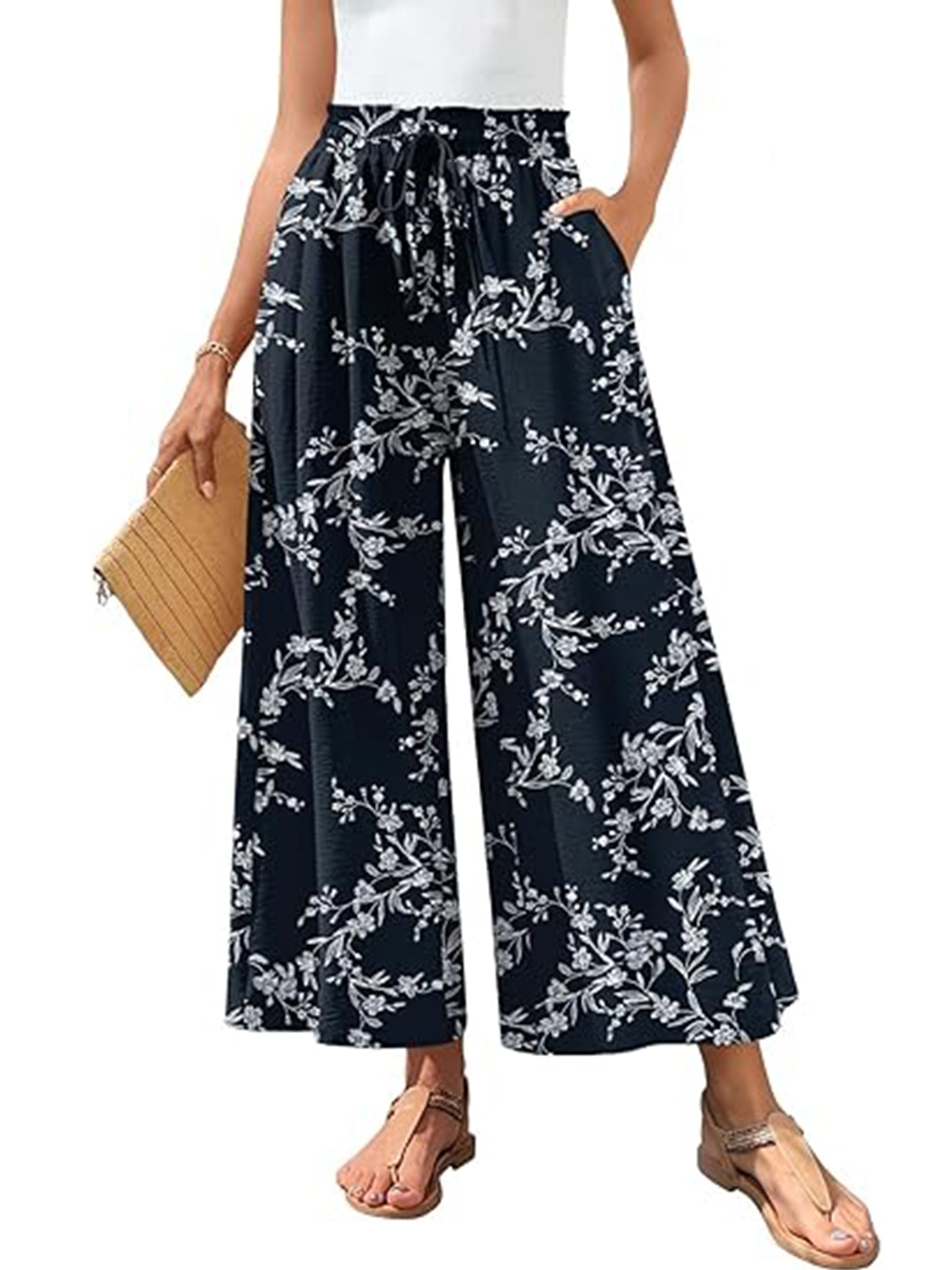 VDJ Fashion Pants for Women High Waist Drawstirng Summer Capri Pants Tie Belt Pockets Summer Vacation Pants