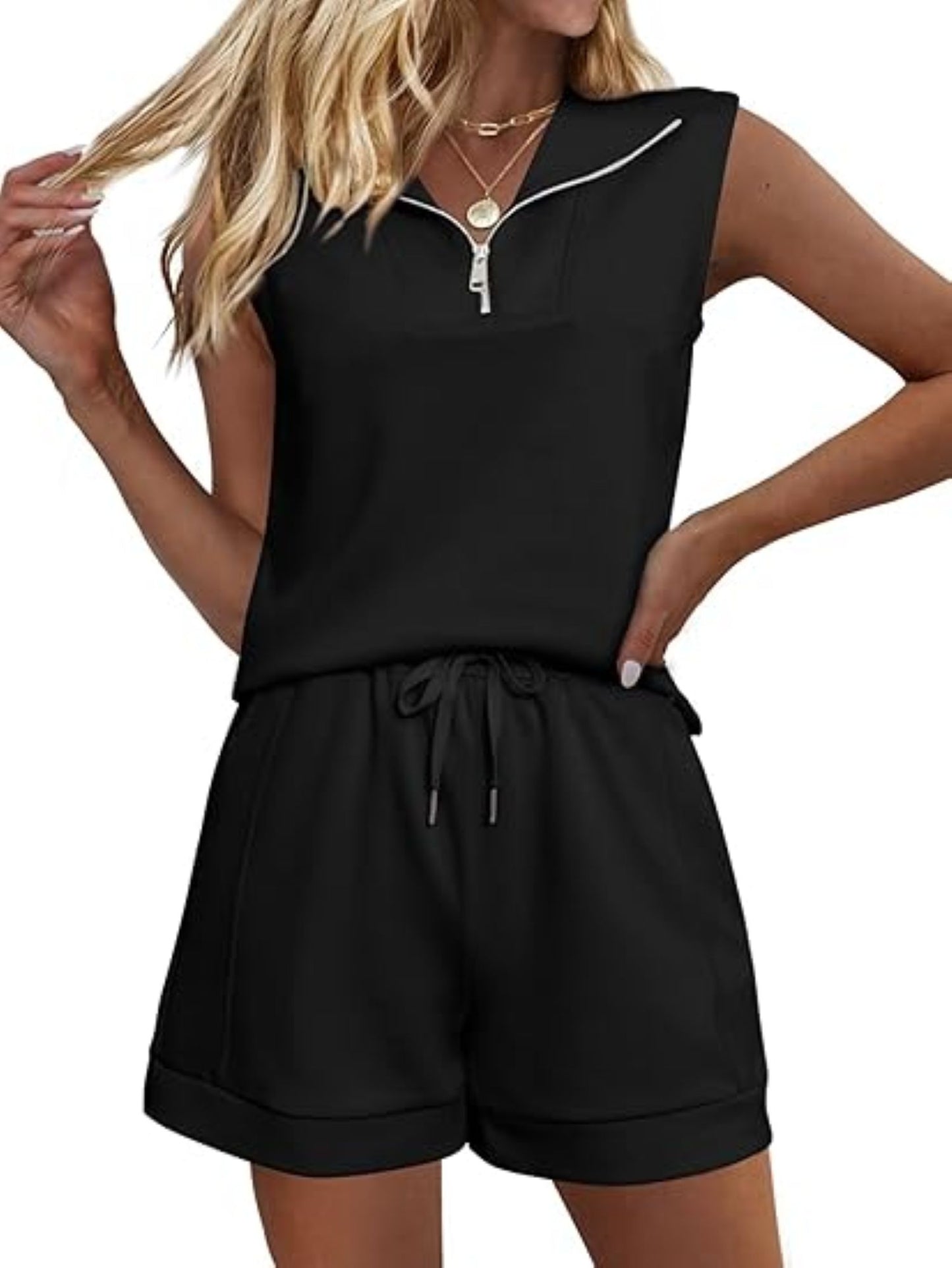 VDJ 2 Piece Sets for Women Sleeveless Zipped Tops Elastic Waisted Shorts Summer Tracksuit Black Casual Lounge Sets