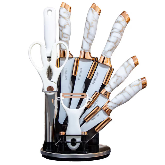 YUOFD Knife Set, 9PCS Stainless Steel Kitchen Knives Sets with Acrylic Block, Dishwasher Safe, White