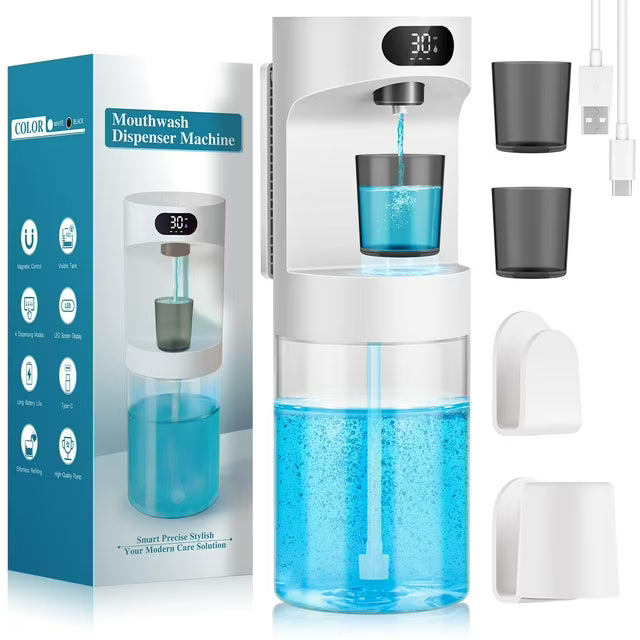 YUOFD Automatic Mouthwash Dispenser, 600ML Mouthwash Dispenser with 2 Magnetic Cups, USB Charging, White