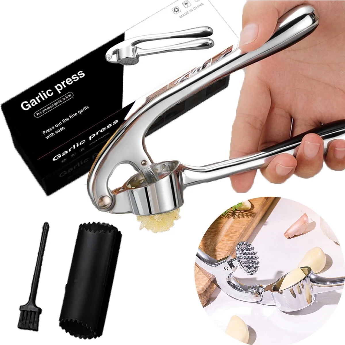 YUOFD Garlic Press, Stainless Steel Garlic Crusher with Extended Handle for Kitchen