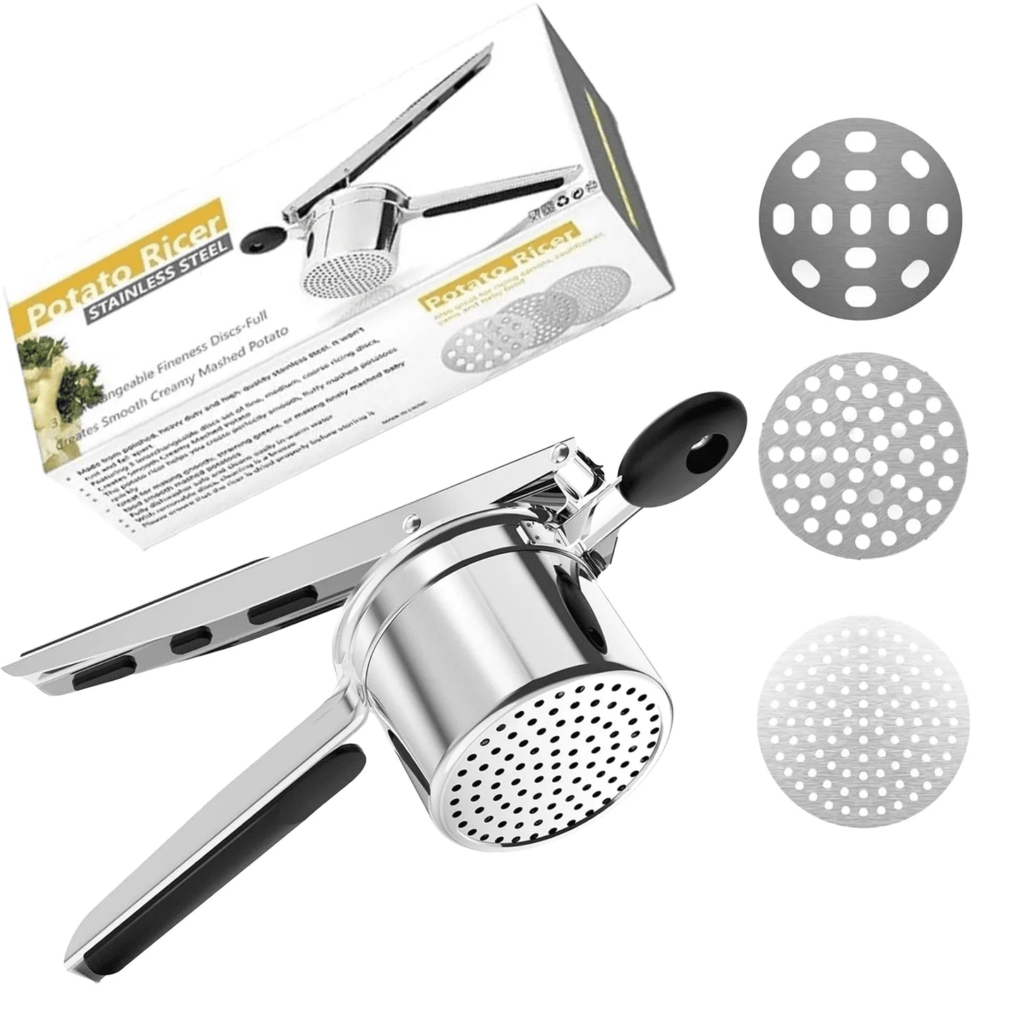 YUOFD Stainless Steel Potato Ricer, 1200 ML Hanging Potato Masher with 3 Filter Disc, Crush Potatoes and Vegetables with Ease