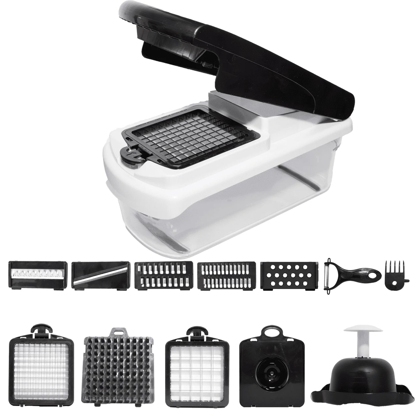 YUOFD Vegetable Chopper, 15-in-1 Food Choppers for Kitchen with 7 Stainless Steel Blades, Black