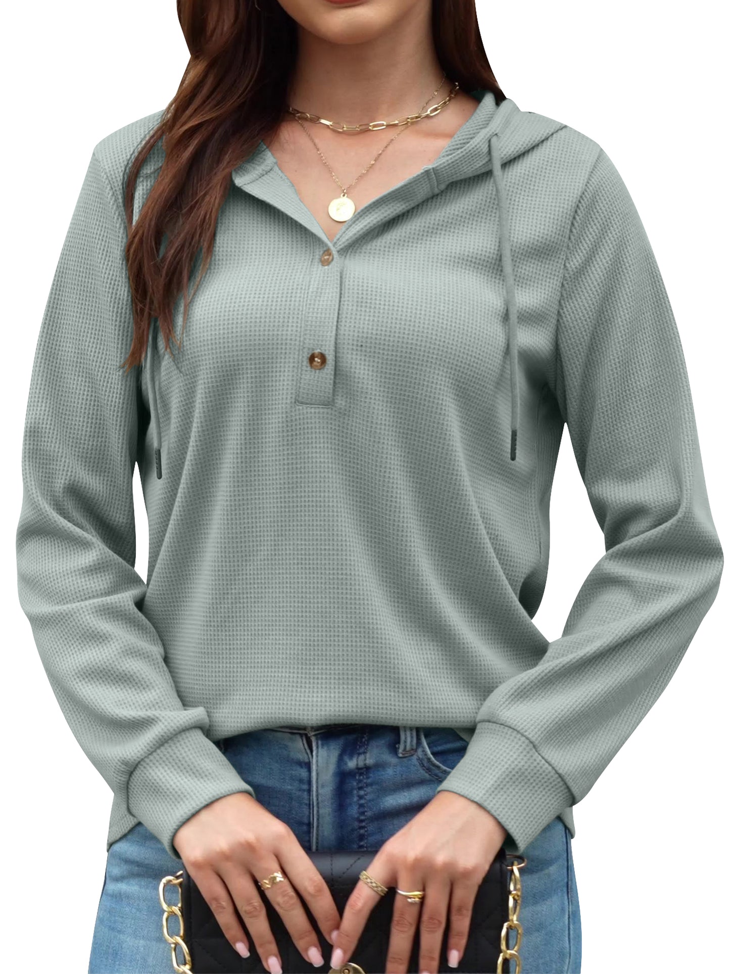 VDJ Womens Hoodies Long Sleeve Button V Neck Hooded Pullover Solid Waffle Knit Drawstring Solid Green Sweatshirts