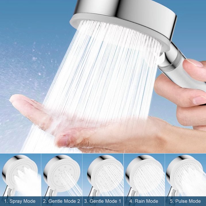 Arevtovis Shower Head, 5-Mode Massage Pulse Handheld Shower Head Set, High-Pressure Shower Head with Punch-Free Bracket and Long Hose, Easy Installation Without Tools, Silver