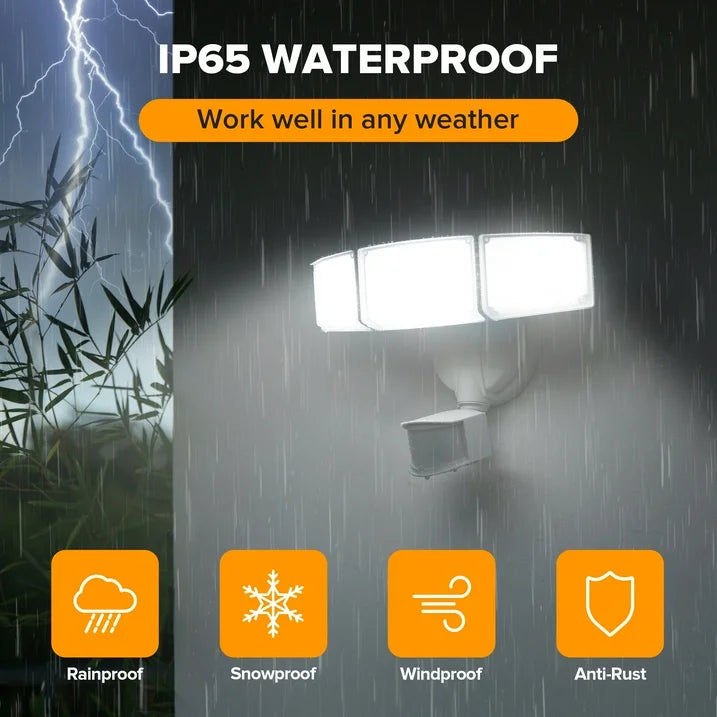 UME 4500LM LED Security Lights Motion Sensor Light Outdoor, 5000K Daylight, IP65 Waterproof, Dusk to Dawn, 3 Head Motion Detected Flood Light for Garage, Yard, Porch(White)
