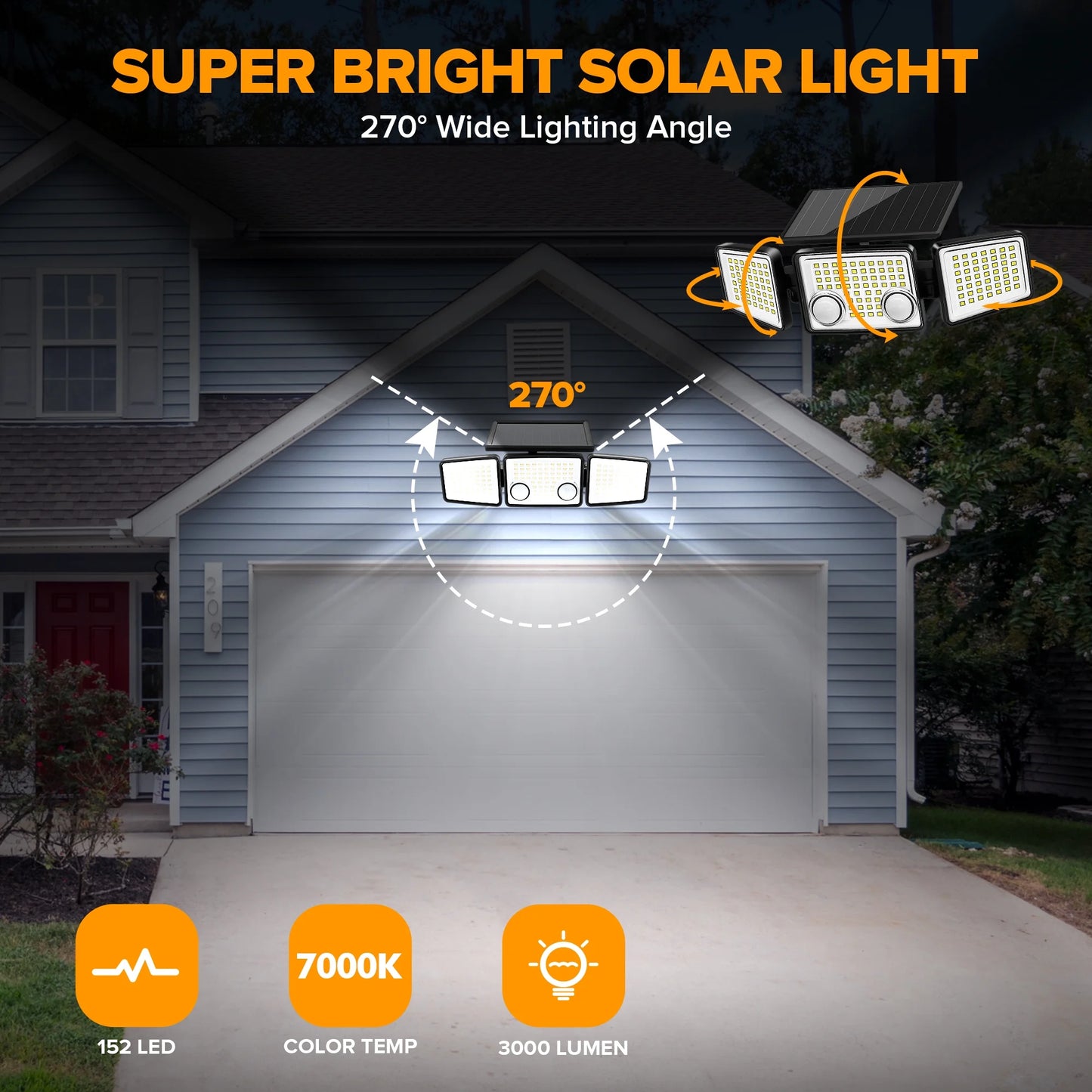 UME Solar Outdoor Lights 3000 Lumen 7000K, 152 LED Super Bright Motion Sensor Outdoor Lights with 2 Sensors, IP65 Waterproof 270 Wide Angle Solar Flood Lights with 3 Modes for Garden - 2 Pack