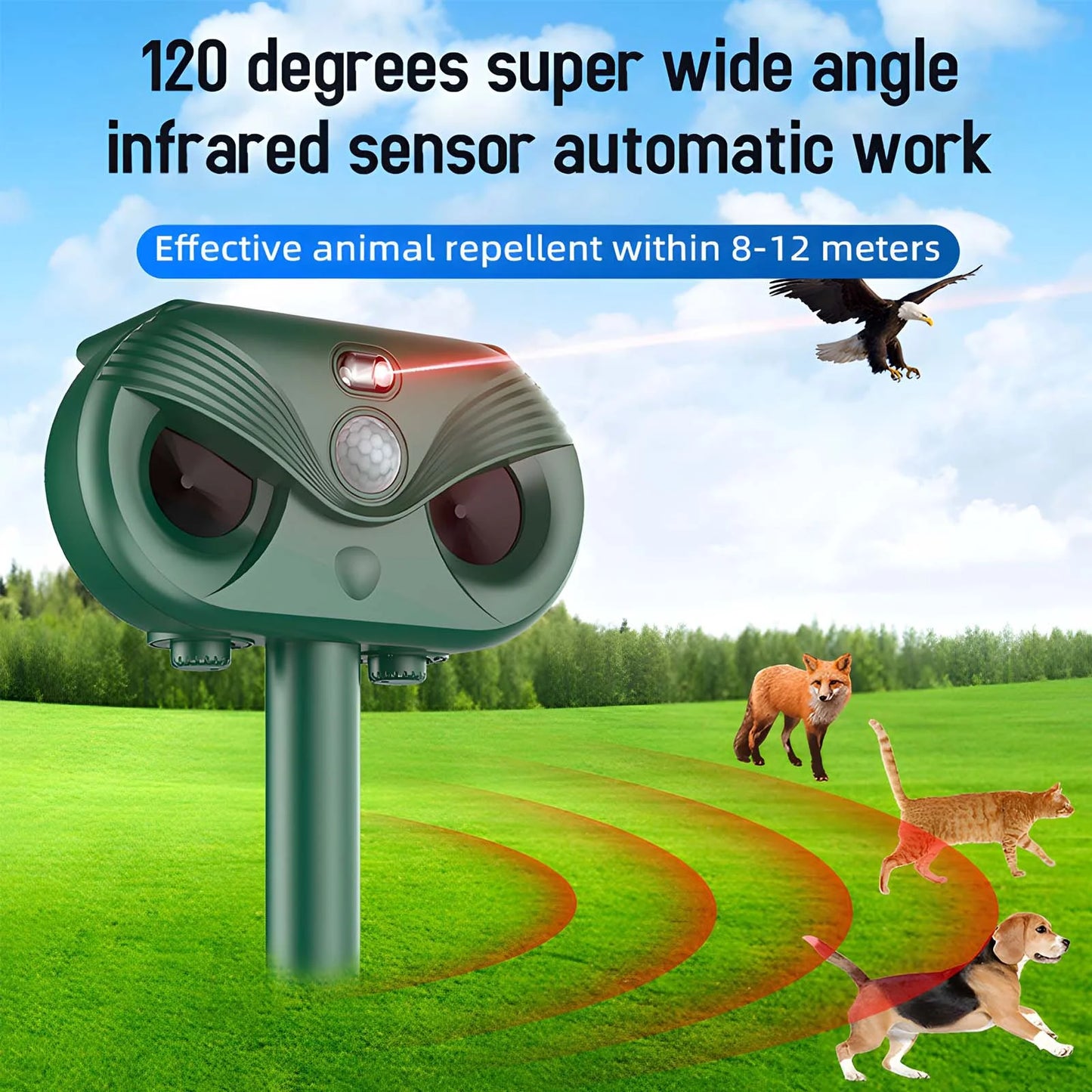 Arevtovis 2 Pack Animal Repeller, Ultrasonic, LED Light, Laser 3 in 1 Outdoor Solar Animal Repeller, 110° and 40FT Ultra-wide Range, Suitable for More Than 30+ Animals